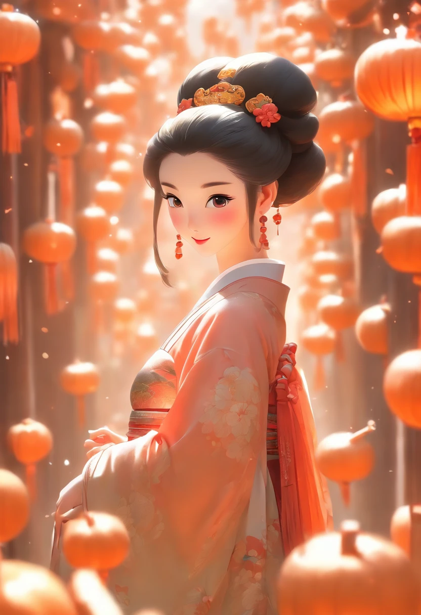China-style，Tang Dynasty Maiden，Hanfu，Cute and cute，Take a bunch of sugar gourds，eery，The lively streets of Chang'an，Full body like，Detailed and accurate，depth of fields，8K,A high resolution,tmasterpiece,Beautiful wallpapers,high qulity,high detal,s the perfect face,offcial art,blur backgroun, --Niji 5 --Q 2