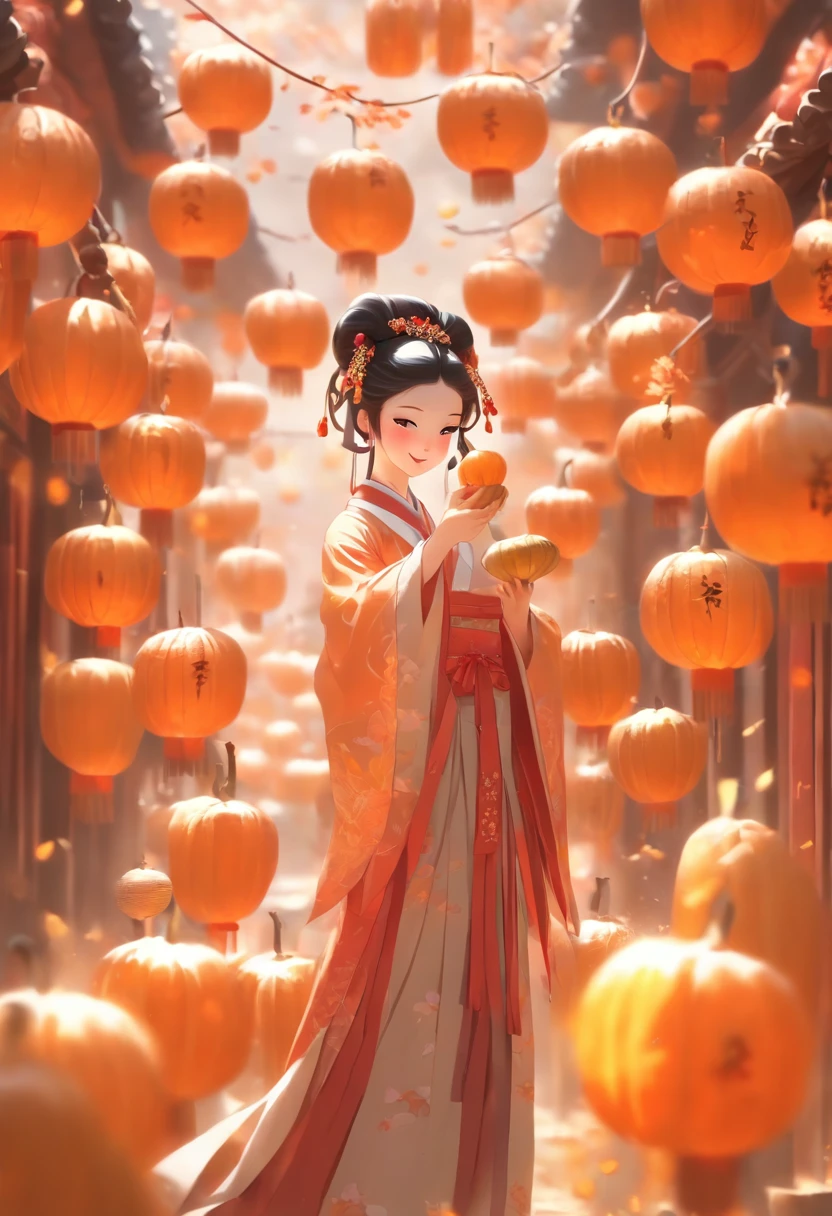 China-style，Tang Dynasty Maiden，Hanfu，Cute and cute，Take a bunch of sugar gourds，eery，The lively streets of Chang'an，Full body like，Detailed and accurate，depth of fields，8K,A high resolution,tmasterpiece,Beautiful wallpapers,high qulity,high detal,s the perfect face,offcial art,blur backgroun, --Niji 5 --Q 2