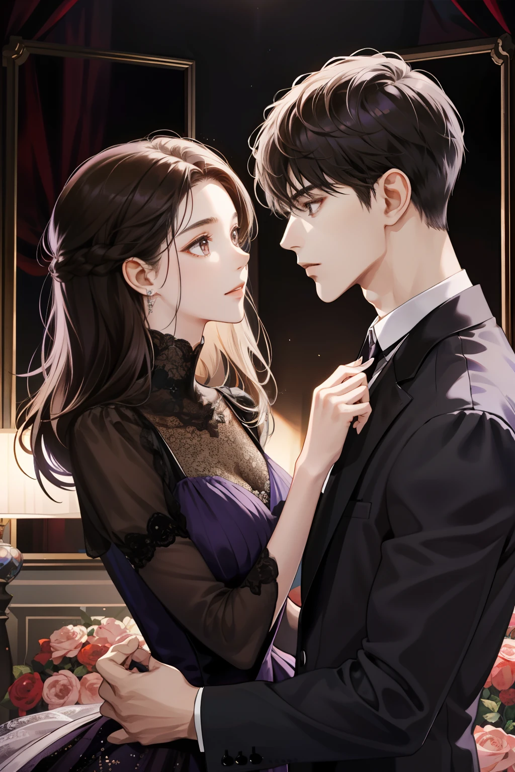 couple, 1 Girl 1 Boy, Close face to face，Tease each other，Height difference，The boy was melancholy，The girl is timid，different hair color, Long black hair and brown eyes, Short light brown hair and gray eyes, Romance, Black Suite, Purple dress, United Kingdom, Luxury room background, Face to face, Romantic