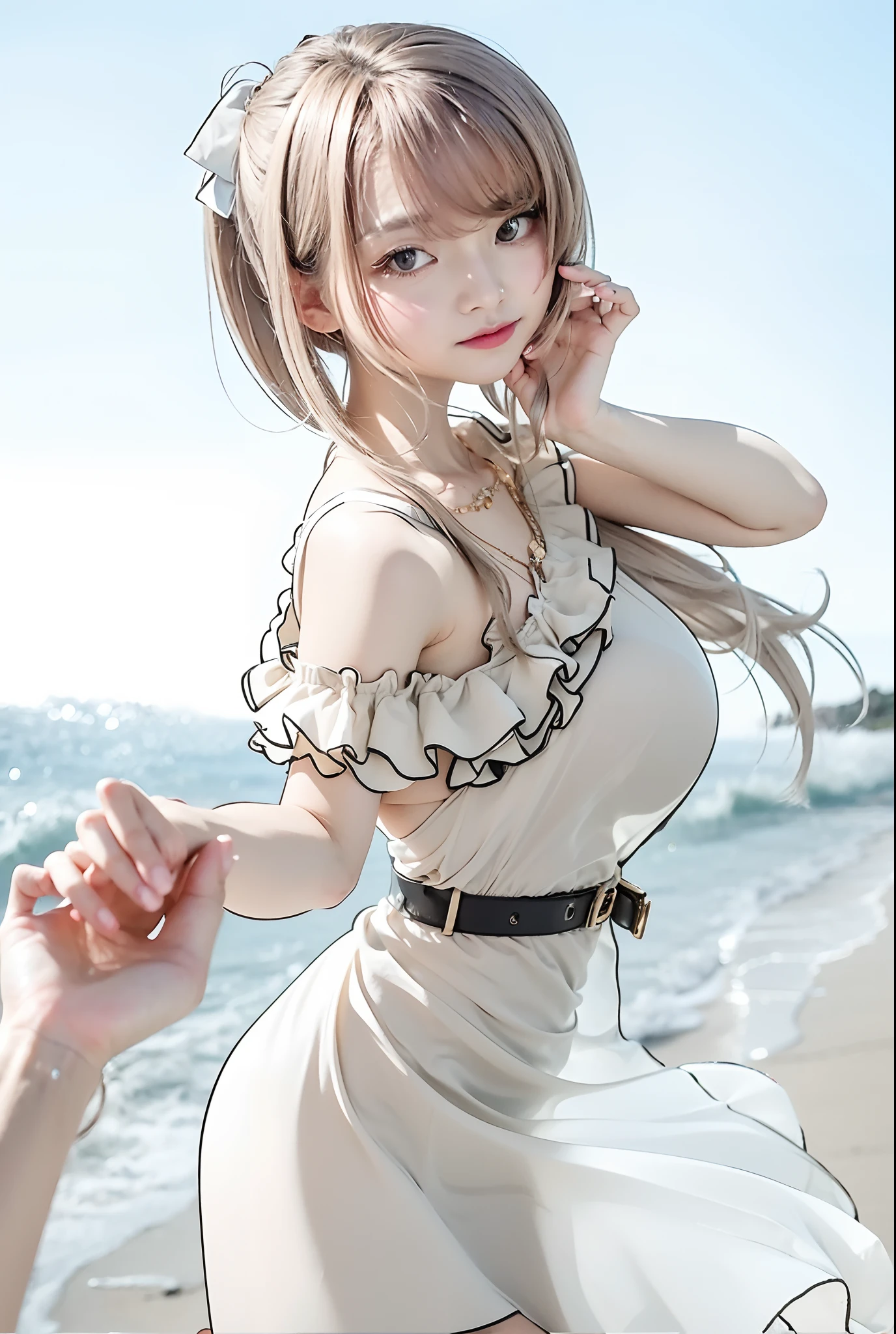 (Best quality, 8k, 32k, Masterpiece, UHD:1.2),Photo of Pretty Japanese woman, large breasts, very short bob hair,upper body,face focus,oversized_sweater, necklace, simple background, from above, looking at viewer,