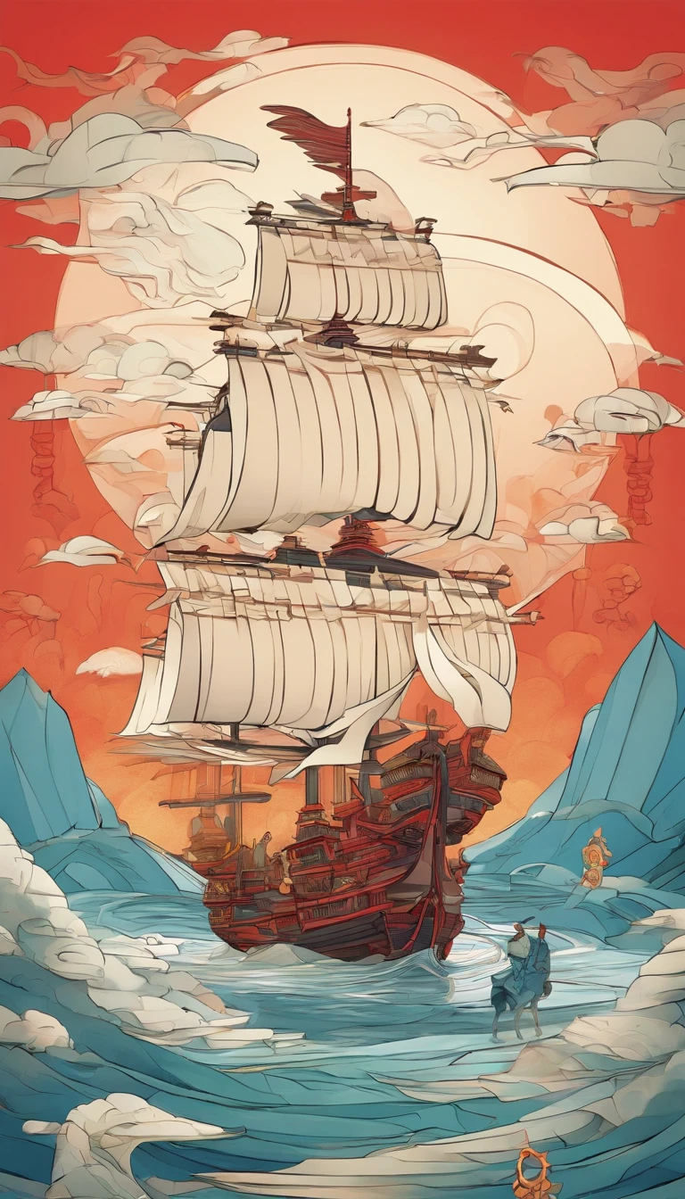 Illustration of a ship, Chinese fantasy, A beautiful artwork illustration, God of Wealth, dreamland of chinese, floating chinese lampoons, chinese surrealism, full-colour illustration, Chinese mythology, Chinese style painting, an illustration of inspired by Victo Ngai, Journey to the West, jen bartel, Journey to the West. Pop art