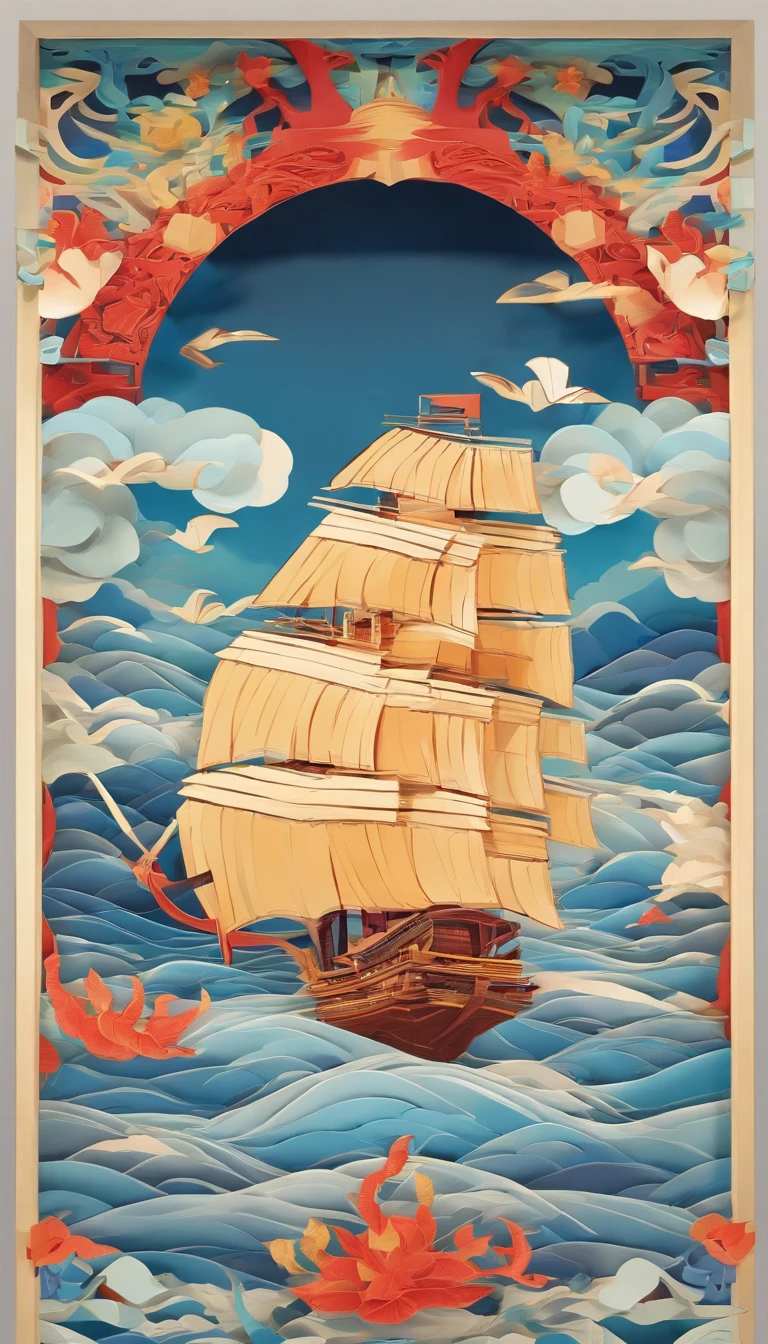 Illustration of a ship, Chinese fantasy, A beautiful artwork illustration, God of Wealth, dreamland of chinese, floating chinese lampoons, chinese surrealism, full-colour illustration, Chinese mythology, Chinese style painting, an illustration of inspired by Victo Ngai, Journey to the West, jen bartel, Journey to the West. Pop art
