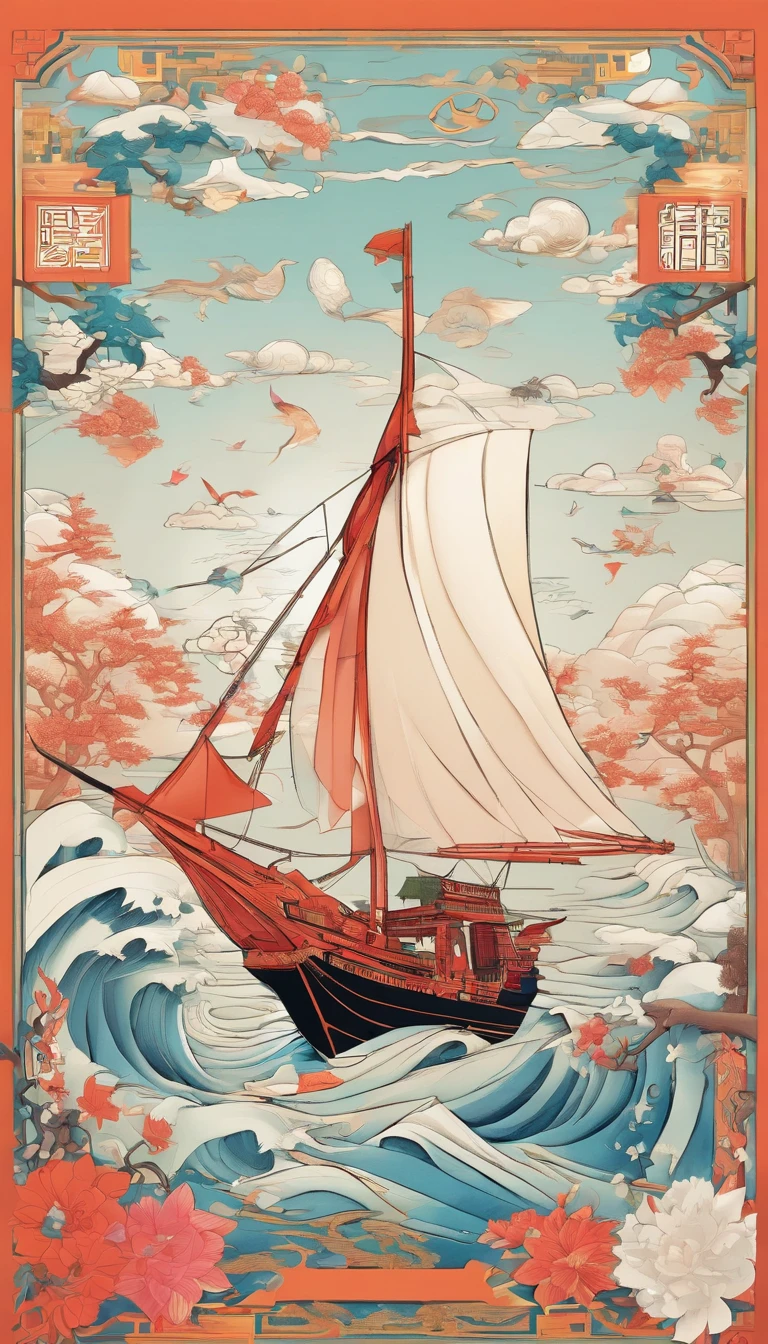 Illustration of a ship, Chinese fantasy, A beautiful artwork illustration, God of Wealth, dreamland of chinese, floating chinese lampoons, chinese surrealism, full-colour illustration, Chinese mythology, Chinese style painting, an illustration of inspired by Victo Ngai, Journey to the West, jen bartel, Journey to the West. Pop art