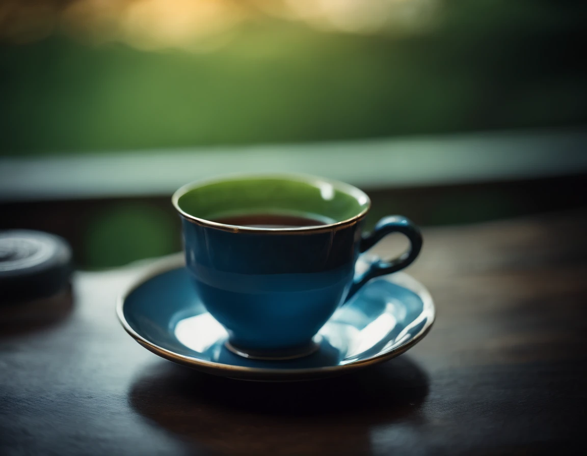 a delicate blue cup, with green tea
