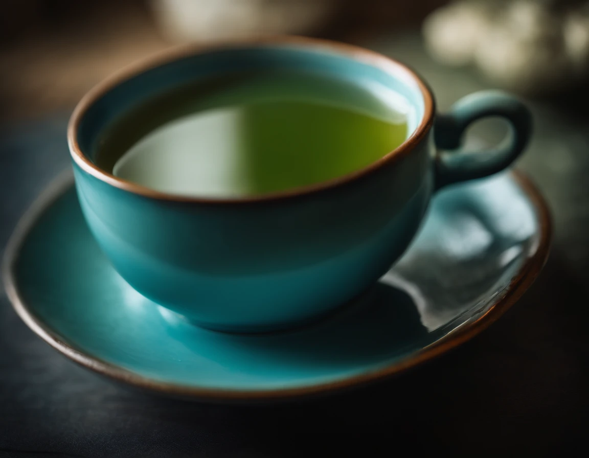 a delicate blue cup, with green tea