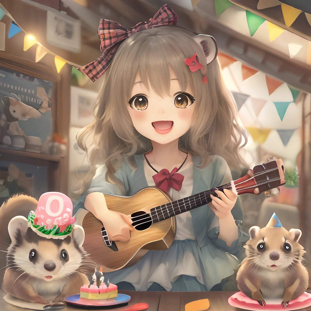 One Cute Anime Girl, Play the ukulele, Singing, A cute ferret,Birthday Cake, happy birthday, High quality,