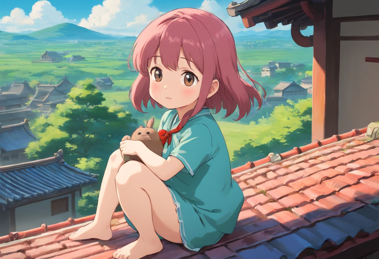 China-style，Pastoral baby girl，Cute and cute，Chubby toot，Sit on the roof and blow the wind，ventania，messy shortt hair，Pink flecked pajamas，Cartoon card issuance，Full body like，Detailed and accurate，depth of fields，8K,A high resolution,tmasterpiece,Beautiful wallpapers,high qulity,high detal,s the perfect face,offcial art,blur backgroun, --Niji 5 --Q 2