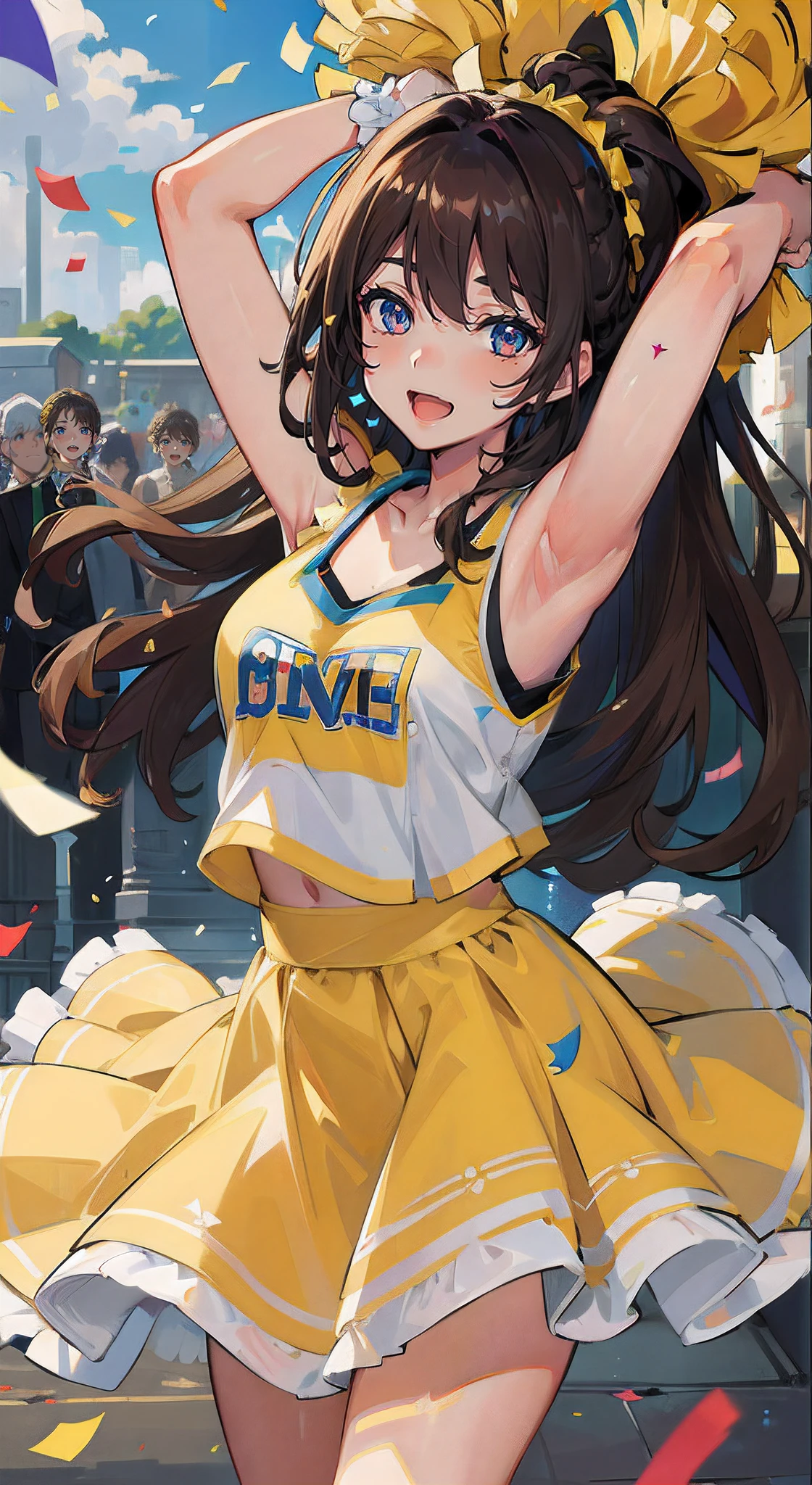 (Masterpiece:1.5), illustration, 4K, 8K, (High quality:1.1), Highly detailed, Detailed face, hdr, Vivid colors, Natural lighting, pretty eyes, Detailed eyes, Colorful eyes, Beautiful face, 1girll, Long hair, Messy hair, Brown hair, Double up braid, scrunchie, hair adornments, cheer leader, Sleeveless, T-shirt, pompons, cheer, Stand by the main road, Arms spread wide, ((Confetti)), Smile, Open mouth, establishing shot