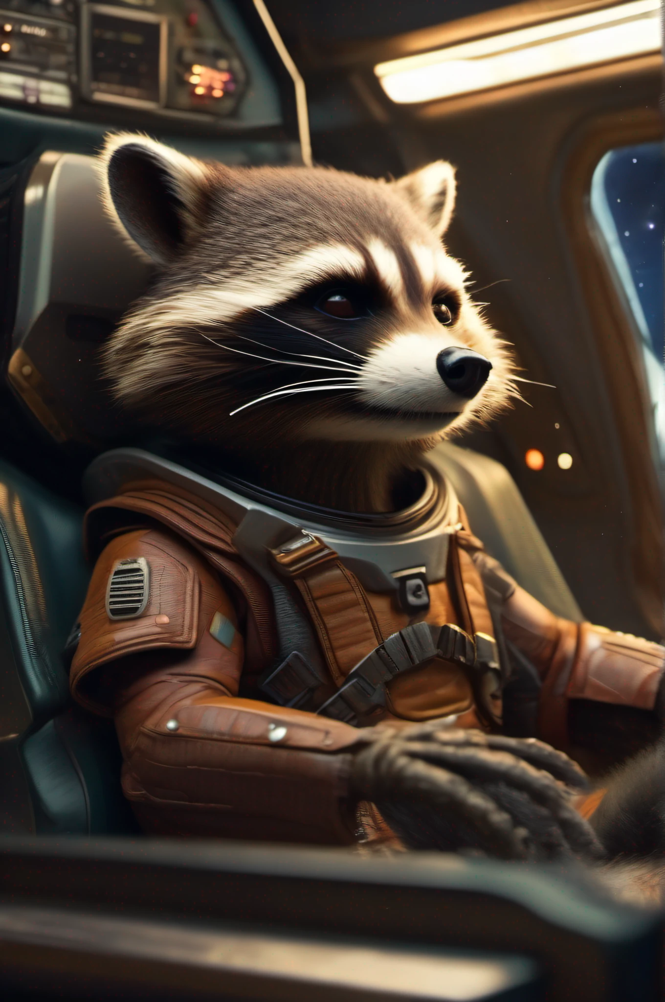 creative masterpielce, highly realustic photo, cinematic portrait of ("Rrocket Raccoon") sitting in a spacepilot seat steering a spaceship trough an asteroid-field,), futuristic cockpit of a spaceship with big spheric small bezel panorama cockpit window, brilliant view on a sparlkling starfield and sharp space-nebula, very realistic detailed reflections, (Rocket Raccon with very fluffy fur), artstation, detailed, digital painting, cinematic, character design by mark ryden and pixar and hayao miyazaki, very realistic lighting, (fluffy fur), detailed realistic scenery, octane render, (("guardians of the galaxy", rocket racoon")), highest quality, intrique details, 4k. HDR, thrilling, dramatic, cinematic poster.