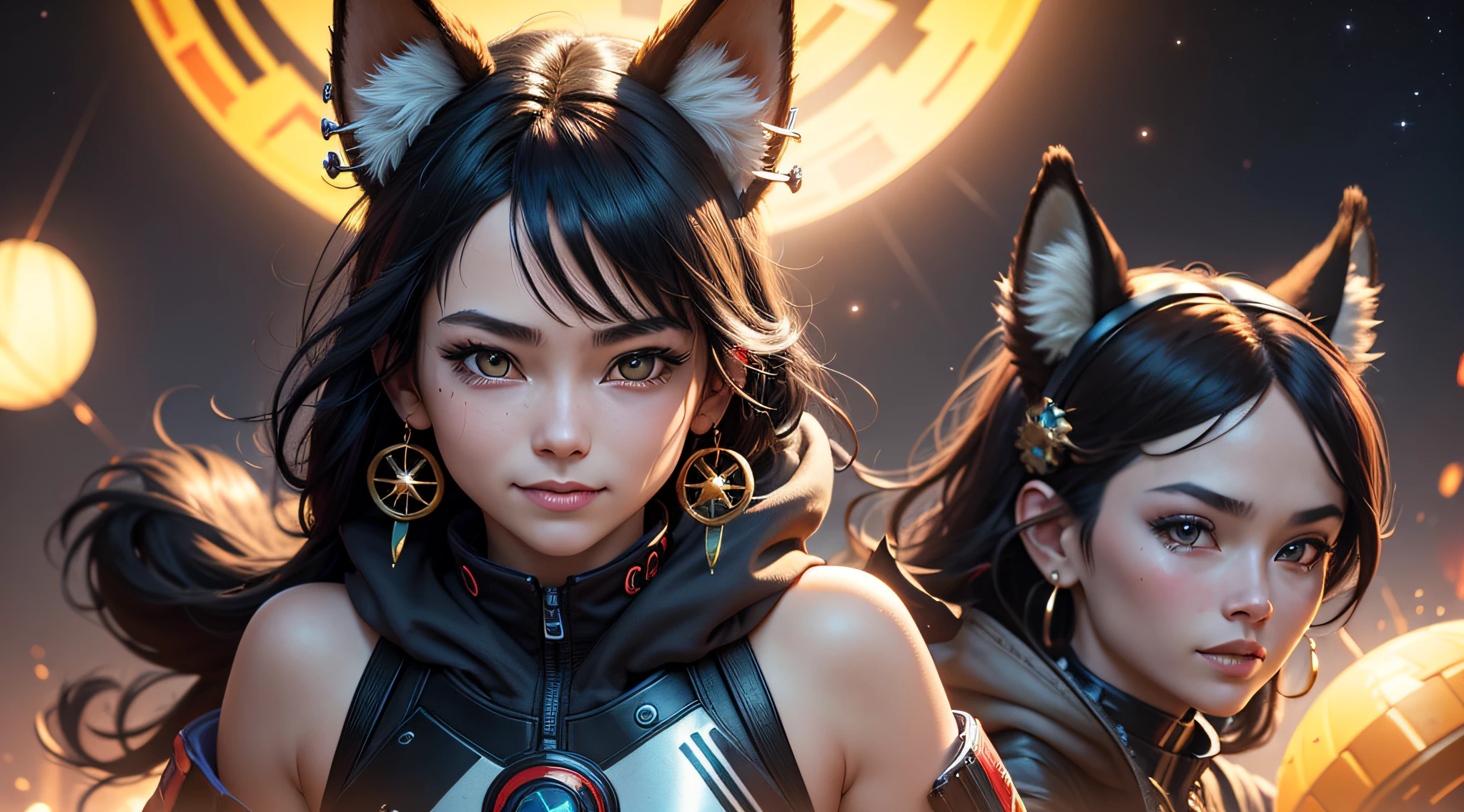 black hair, hair bobbles, wince, solid circle eyes, fake animal ears, light smile, multicolored hair, hair behind ear, quad drills, hair ornament, mask on head, fox mask, mismatched pupils, happy tears, amber eyes, crescent earrings, earrings, light smile, Surrealism, drop shadow, anaglyph, stereogram, tachi-e, pov, atmospheric perspective, lens flare, 8k, super detail, ccurate, best quality, 16k, UHD, ccurate, anatomically correct, high details, highres, 2 girl, Beautiful, In the hood, hairlong, (Realistic:1.5), extra high resolution, (photo-realistic: 1,4), 8k resolution, neon lights, 3d, .CGI, voluminous lighting, a space ship, A view of the cosmos, Russia --auto
