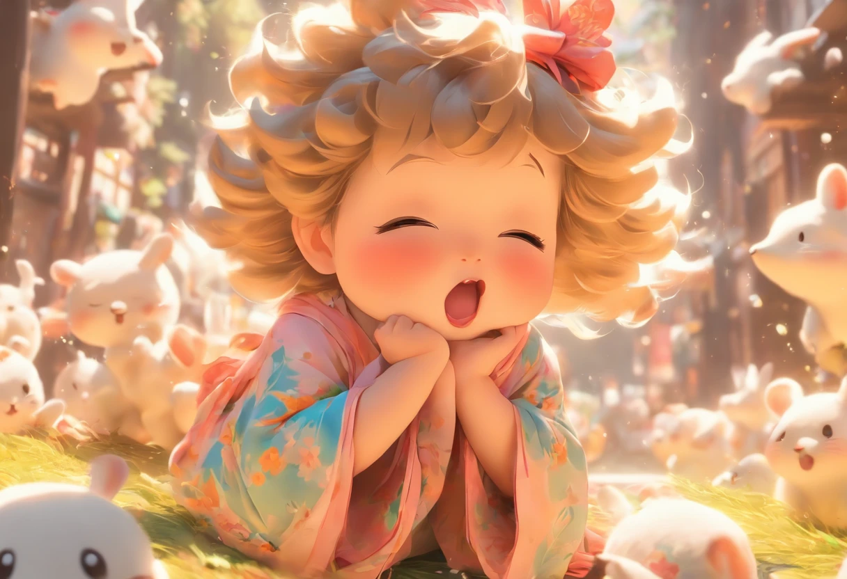 China-style，Look down from the sky，Pastoral baby girl，Cute and cute，Chubby toot，Sit on the roof and blow the wind，ventania，messy shortt hair，Pink flecked pajamas，Cartoon card issuance，Full body like，Detailed and accurate，depth of fields，8K,A high resolution,tmasterpiece,Beautiful wallpapers,high qulity,high detal,s the perfect face,offcial art,blur backgroun, --Niji 5 --Q 2