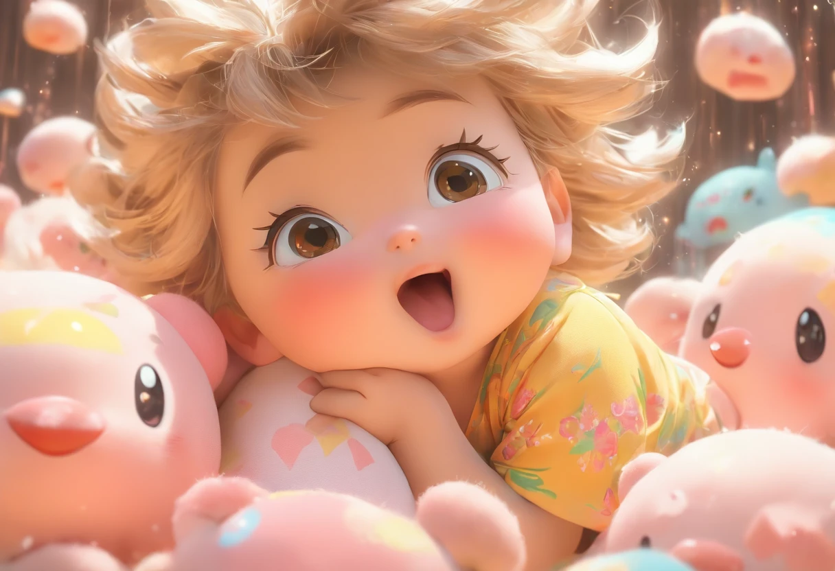 blush, cleavage,glowing aura, natural light, masterpiece, glossy skin, juicy lips ,long hair, cute, kawaii, adorable,blonde hair, ((pink highlights in hair)), pink eyes, purple bunny ears, smirk, glasses, pigtails and braids, cleavage, bright pink eyes, dainty, puff nips , juicy lips, bimbo, hour glass, happy, shopping bags, shopping, full body Realistic, (3 years old), ((age 3)), American, beautiful, beautiful face, small, short, sensual poses
