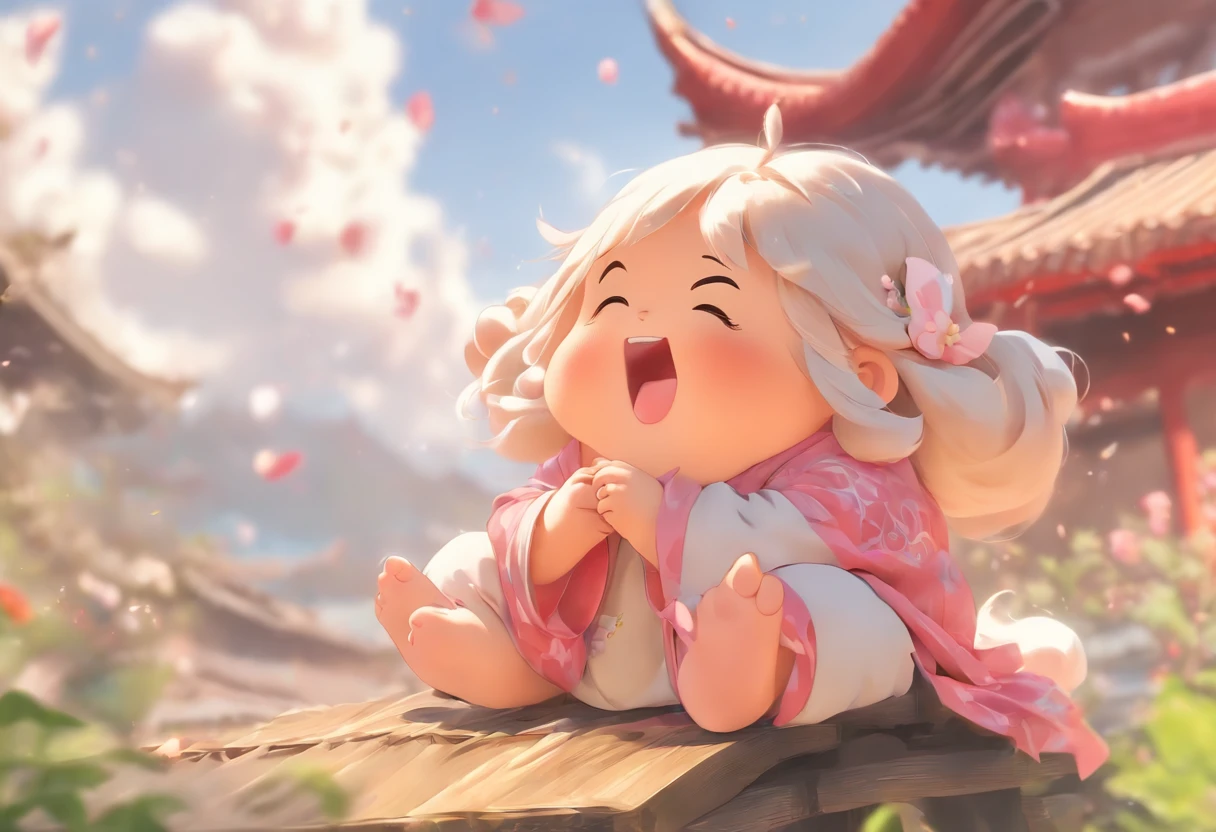 China-style，Pastoral baby girl，Cute and cute，Chubby toot，Sit on the roof and blow the wind，ventania，messy shortt hair，Pink flecked pajamas，Cartoon card issuance，Full body like，Detailed and accurate，depth of fields，8K,A high resolution,tmasterpiece,Beautiful wallpapers,high qulity,high detal,s the perfect face,offcial art,blur backgroun, --Niji 5 --Q 2