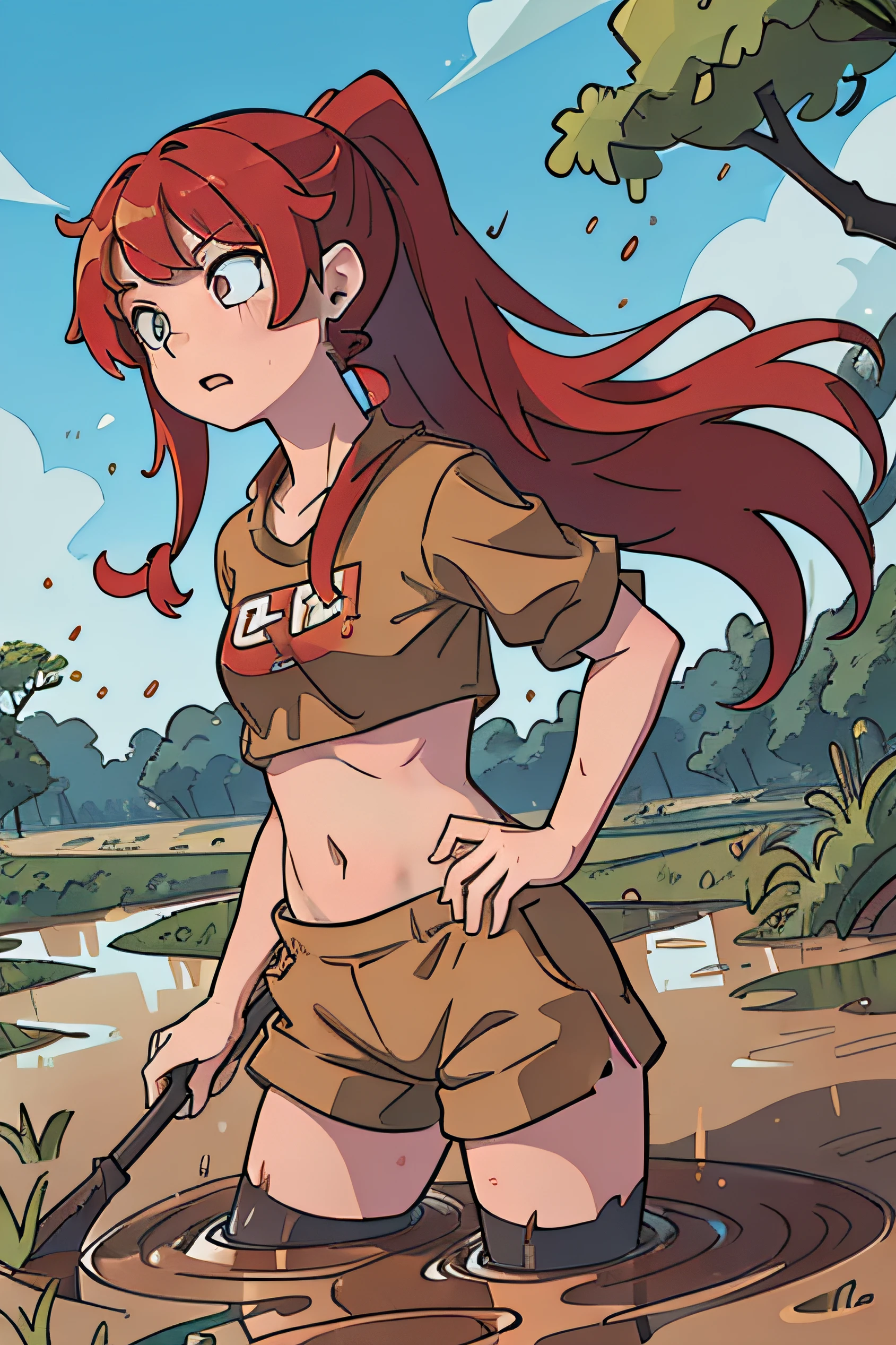 blue hair, side ponytail, scrunchie, red eyes, medium breasts, brown jacket, fur trim, green top, black collar,sunk to the breast, thick dull mud, arms immersed in mud, sinking in the mud, muddy ground, thick, opaque mud, marshy terrain, thick fog