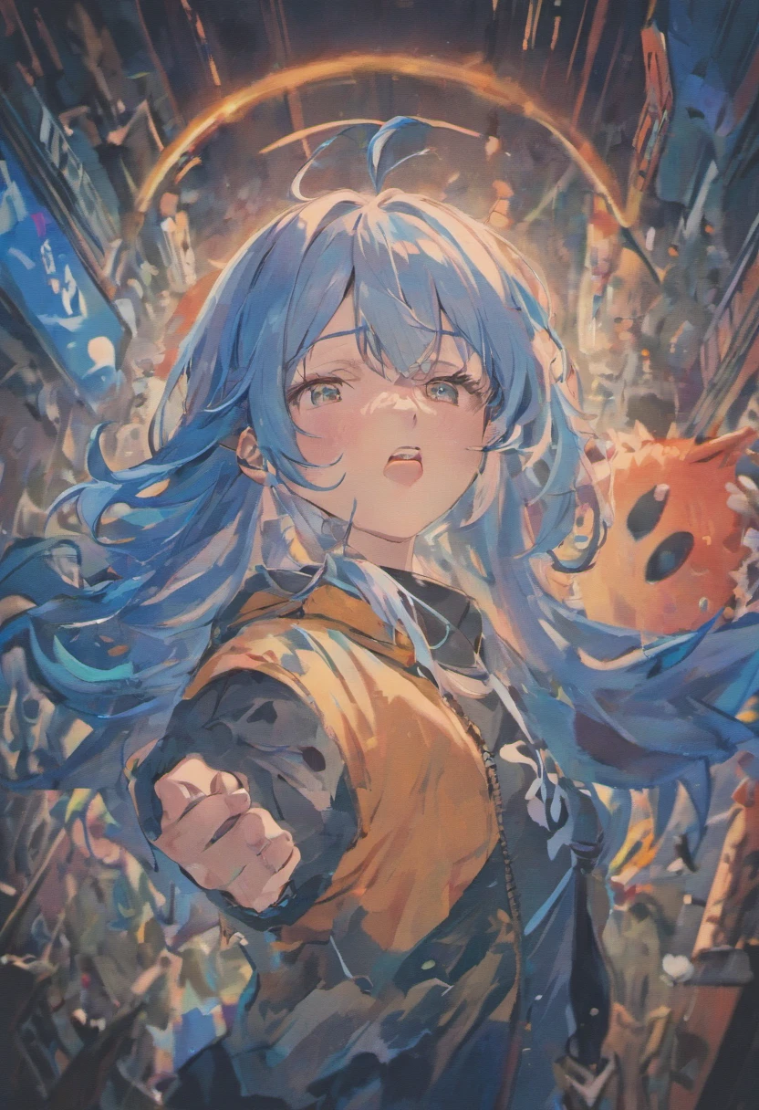 blue hair, asymmetrical hair, hair behind ear, expressive hair, hair over eyes, hair strand, goggles, black hairband, mole under eye, crazy eyes, mismatched pupils, glaring, crazy, grin, parted lips, jitome, seductive smile, depressed, Romanticism, anime style, character chart, reference sheet, lineup, Ultra-Wide Angle, UHD