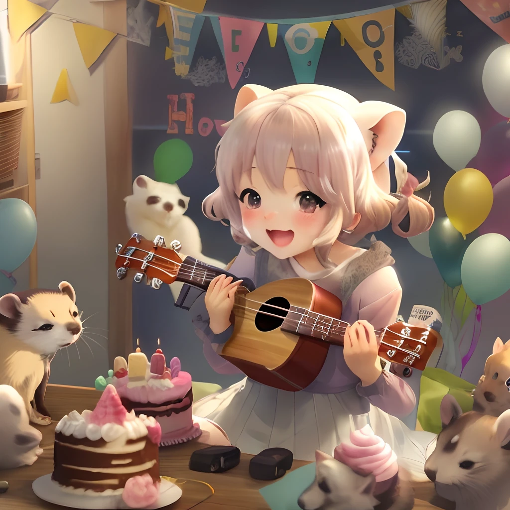 One Cute Anime Girl, Play the ukulele, Singing, Cute ferret,Birthday Cake, happy birthday, High quality,