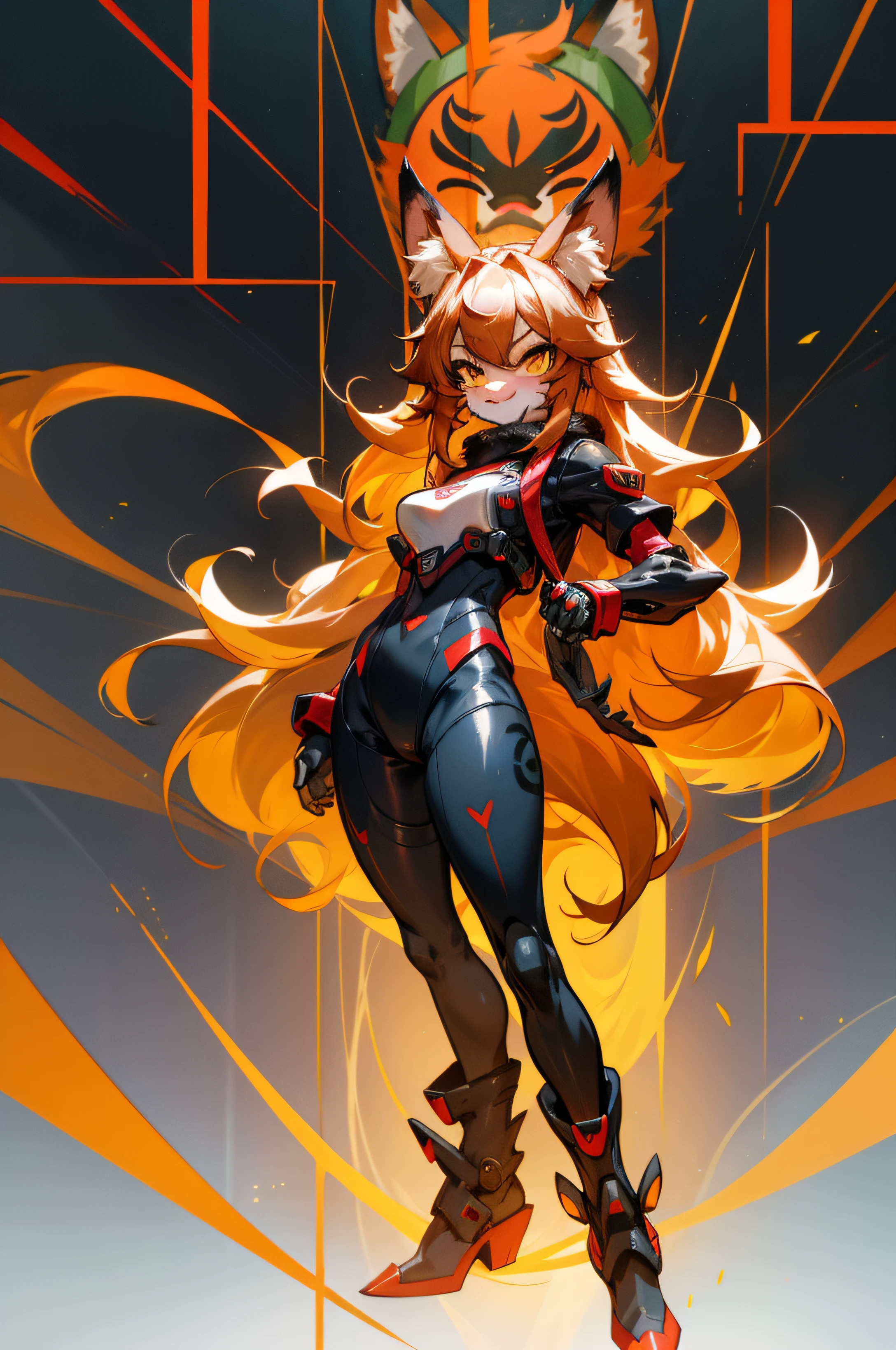 Kizi,fury,Furry,full bodyesbian,high qulity,red fox,cyber punk perssonage,Game standing drawing,quadratic element,animal face,komono,Hairy all over,Soft hair,Full Body Hair,Stand in front of you,seductiv,Raise your right hand,animal face,Normal hands,Zootopia,Animal faces