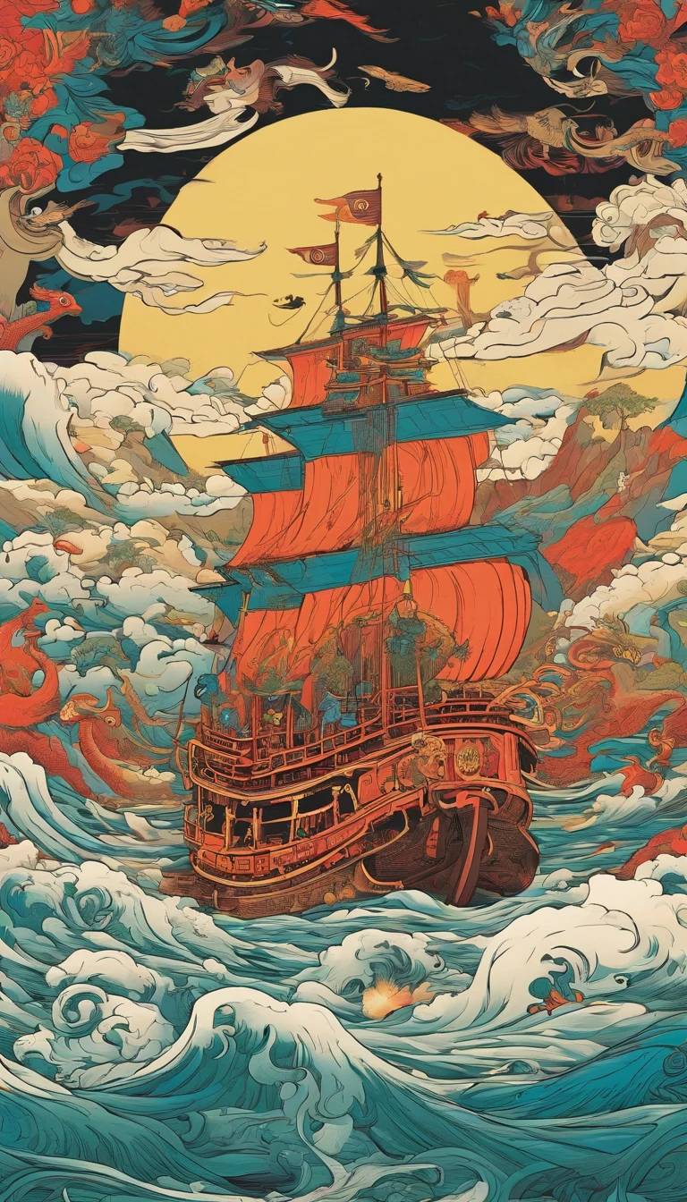 Illustration of a ship,There is a dragon and a man on it, Chinese fantasy, A beautiful artwork illustration, God of Wealth, dreamland of chinese, floating chinese lampoons, chinese surrealism, full-colour illustration, Chinese mythology, Chinese style painting, an illustration of inspired by Victo Ngai, Journey to the West, jen bartel, Journey to the West. Pop art