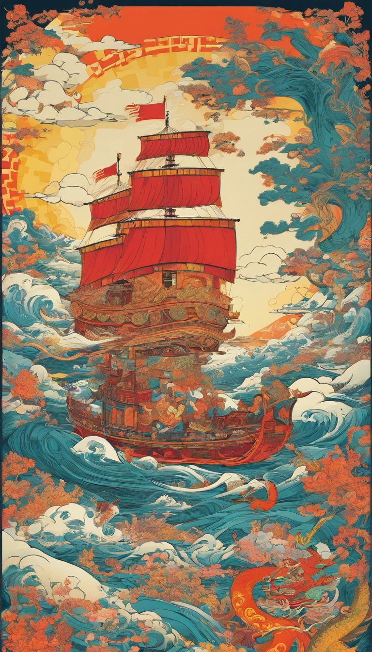 Illustration of a ship，There is a dragon and a man on it, Chinese fantasy, A beautiful artwork illustration, God of Wealth, dreamland of chinese, floating chinese lampoons, chinese surrealism, full-colour illustration, Chinese mythology, Chinese style painting, an illustration of inspired by Victo Ngai, Journey to the West, jen bartel, Journey to the West. Pop art