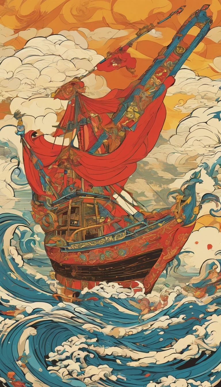 Illustration of a ship,There is a dragon and a man on it, Chinese fantasy, A beautiful artwork illustration, God of Wealth, dreamland of chinese, floating chinese lampoons, chinese surrealism, full-colour illustration, Chinese mythology, Chinese style painting, an illustration of inspired by Victo Ngai, Journey to the West, jen bartel, Journey to the West. Pop art