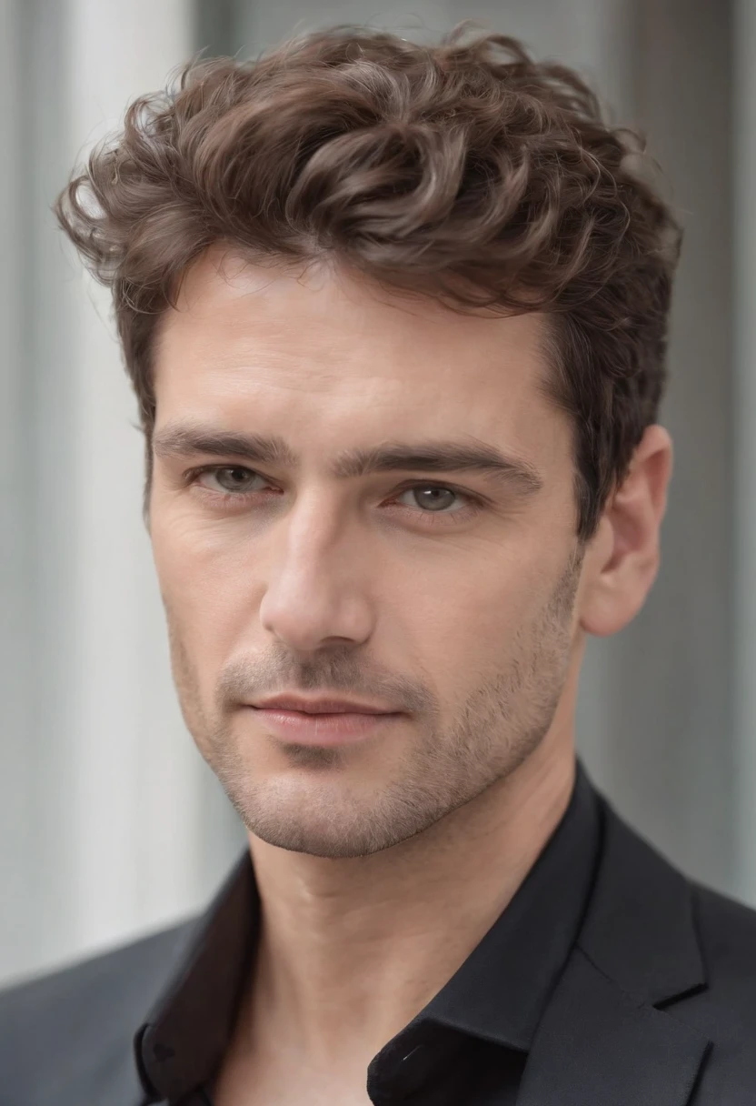 Cinematic, a handsom man, 40 years old, shaven , short curly brown hair, black tight suit, white fit shirt . Minimalistic background, clean composition, strong details, Muted Colours, Hasselblad --style raw