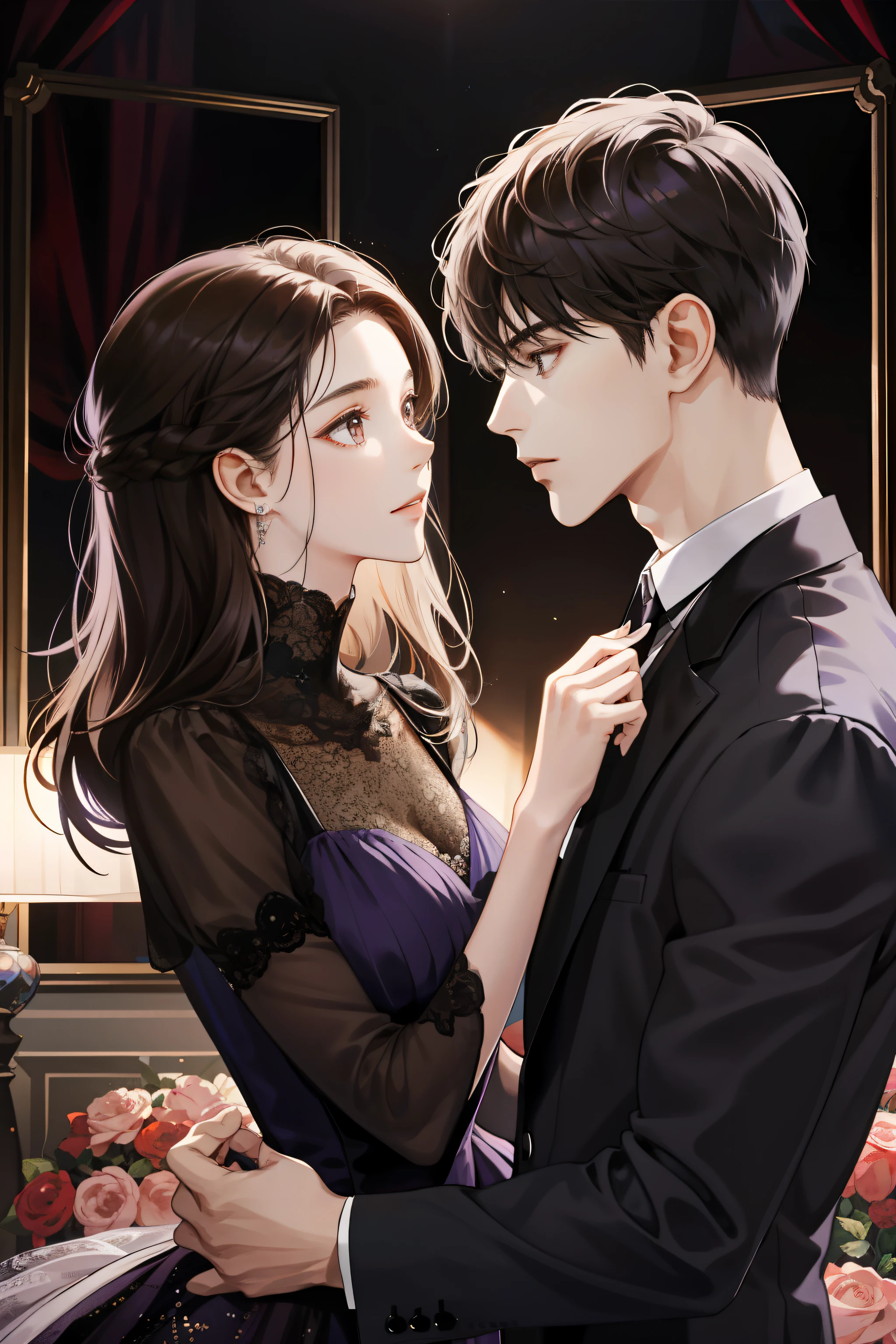couple, 1 Girl 1 Boy, Close face to face,Tease each other,Height difference,The boy was melancholy,The girl is timid,different hair color, Long black hair and brown eyes, Short light brown hair and gray eyes, Romance, Black Suite, Purple dress, United Kingdom, Luxury room background, Face to face, Romantic