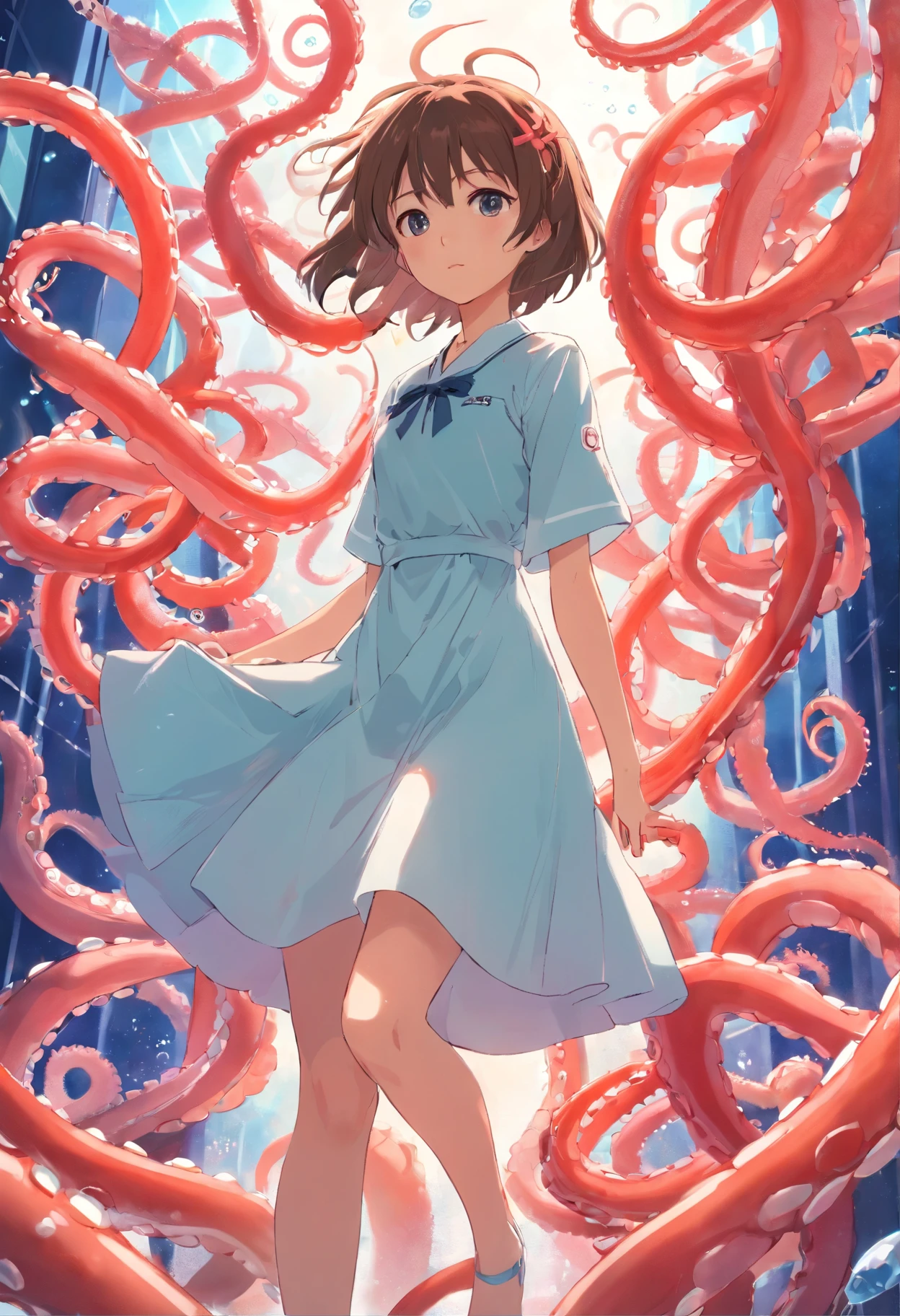 tmasterpiece，best qualtiy，cinematic Film still from，(Terrifying atmosphere:0.9)，Solo，1girll，Fine face，Fine hair，finely quality eyes，white dresses，Red ribbon，Cross your hands over your chest，(A group of tentacles around:0.9)，(Dense tentacle background：0.7）