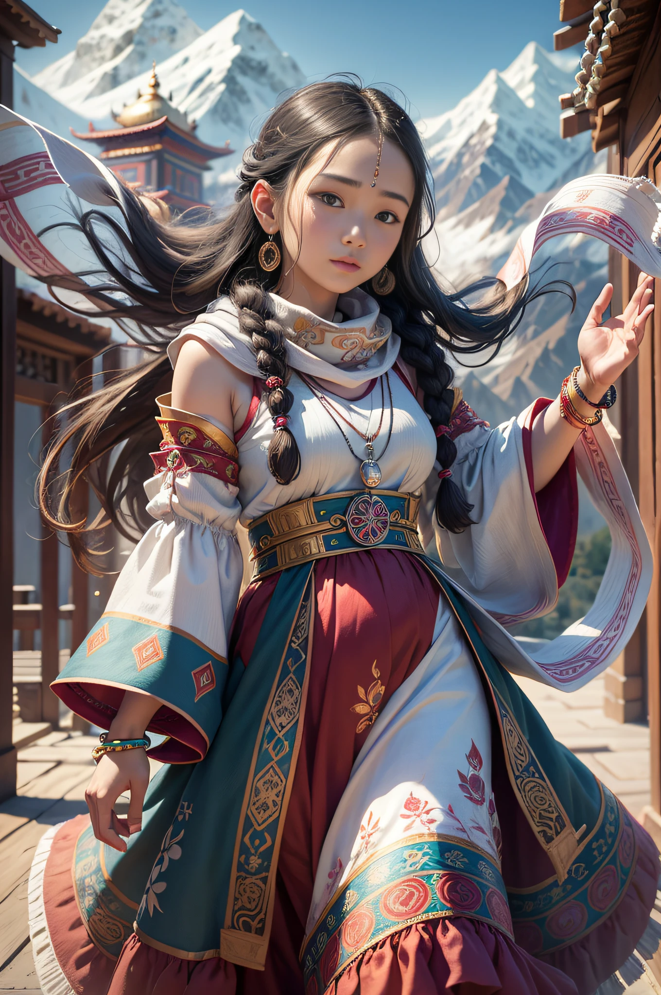 (dramatic, gritty, intense:1.4),masterpiece, best quality, 8k, insane details, intricate details, hyperdetailed, hyper quality, high detail, ultra detailed, Masterpiece,,bestquality,highdefinition,huadan,bestquality,masterpiece,highres,,(full body:1.5),depth of field，blurry，blurry background，fringe trim，bracelet，layered sleeves， puffy sleeves，,solo focus，1girl，solo，jewelry，very long hair，hair ornament，earrings，black hair，forehead mark，facial mark，wind，mole under eye，bracelet，beads，scarf ，tattoo，,braid，multiple braids，floating hair，blue eyes，,in Tibet, Potala Palace, awe-inspiring view, standing, arms wide open,amazed expression, long flowing hair, traditional Tibetan braids,rosy cheeks, wearing a vibrant Tibetan dress,adorned with colorful patterns and intricate embroidery, silver jewelry, turquoise necklace, peaceful surroundings, Himalayan mountains in the background, prayer flags fluttering in the wind, golden sunlight illuminating the palace, spiritual quest,  sense of tranquility, sacred atmosphere, cultural heritage, architectural marvel.,