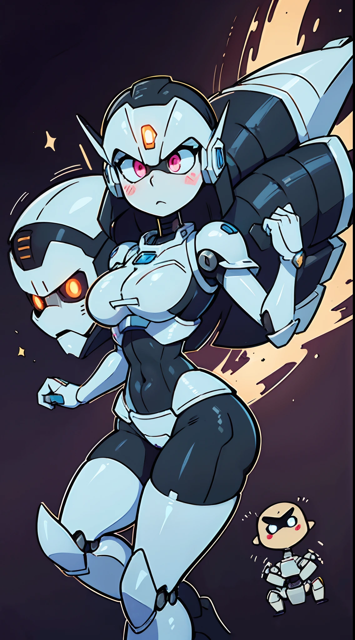 Mecha Maiden: A curvaceous android with sleek, metallic curves and a cutting-edge appearance. She has a wide array of detachable armor and weaponry, making her both alluring and formidable. ((masterpiece)), best quality, fully robotic, gray skin, gray face, chibi mech, a cartoon anime style, toonish style (cute figure), (female, feminine figure, motherly, (big boobs), butt, pretty, beautiful, sexy), The cute cartoonish robots had identical features - Helmet, gray face, big round eyes, shining eyes (color glow), shoulder pads, big breast plate, mecha box limbs, reimagine a female mecha space ranger soldier character with a strong and heroic appearance ready to show off their fighting skills, (futuristic armor suit:1.5), (best expression:2). Use the color scheme of metallic for her armor suit. The dance routine performed by the synchronized, sexy robots, flawless, captivating the audience's attention, Emphasize the dynamic pose and the presence of her being a boss in the galaxies and stars in the to enhance the sense of his ready for anything in a space adventure. ready to go mecha,
