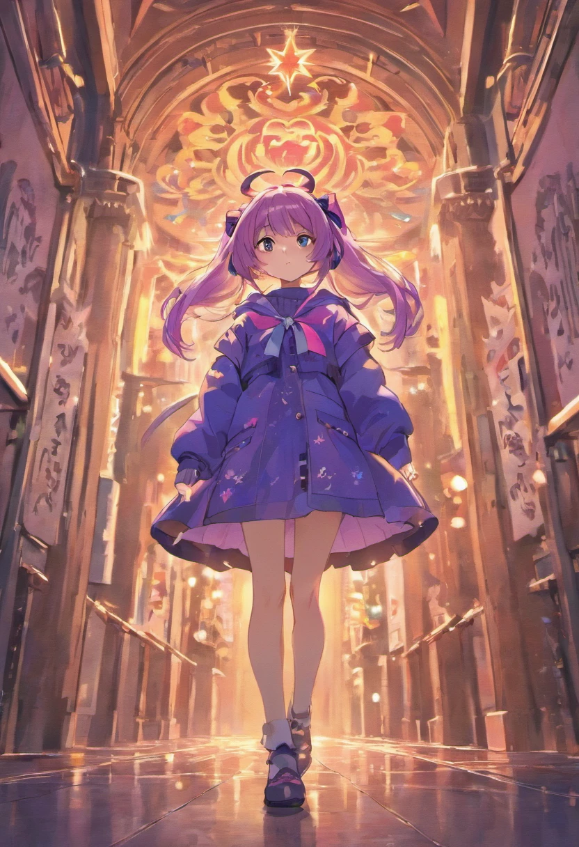 Masterpiece, Best quality, A high resolution, HMSL1, horned headwear, hair flower, x hair ornamen, White sweater, purple jacket, flower, Long sleeves, Open clothes, Black bow, sleeves past wrists, Skirt, Cowboy shot, Outdoors, street, standing on the ground