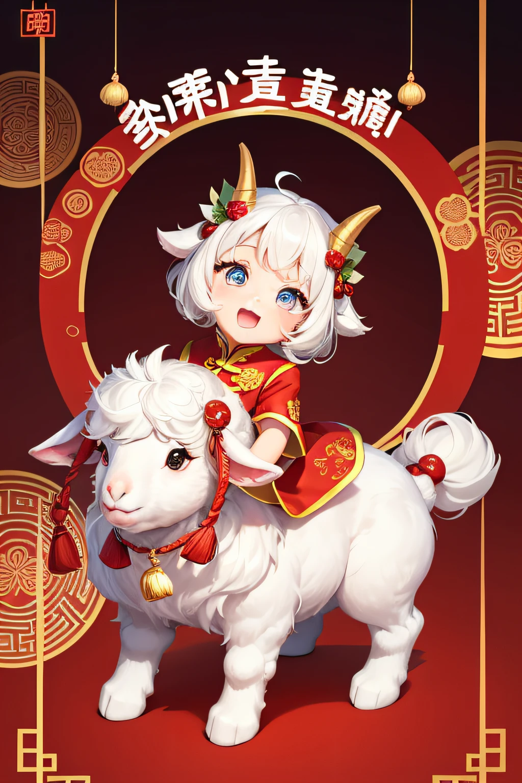 And cute cartoon lamb cartoon has a child dressed in Chinese clothing，Red festive cute poster celebrating the New Year Festive atmosphere The words of the Year of the Goat are commercial There is a joyful atmosphere Chinese traditional horse festive background red