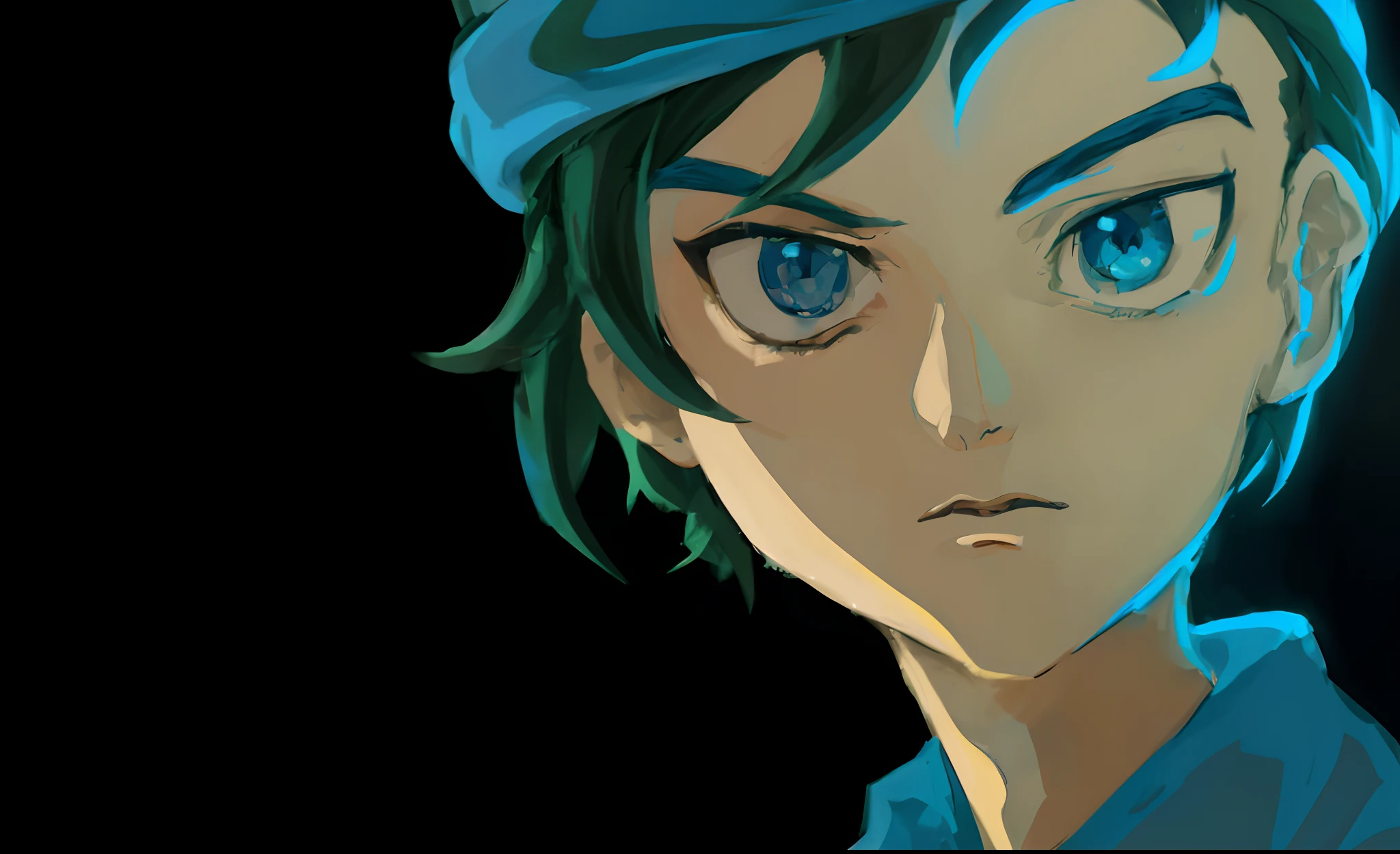 Anime boy with blue eyes and a beret on his head, 2 d anime style, hero 2 d fanart artsation, 2 d concept art head macro shot, 2 d art, 2D art, sad cerulean eyes, 2d portrait, character art closeup, 2D game fanart, 2d anime, bluish face, 2d art cover, Stylized anime