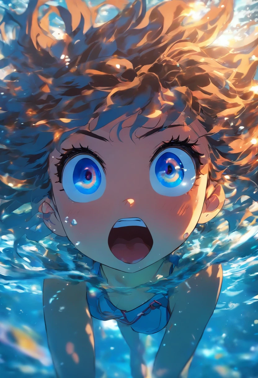 (ultra detalhes) (olhos detalhados) (sem desfoque) pele escura, mulher jovem, cabelos grisalhos, cabelos longos, messy hair, orelhas de lobo, cauda de lobo, olhos azuis, submerged in water, holding your breath, bikini blue