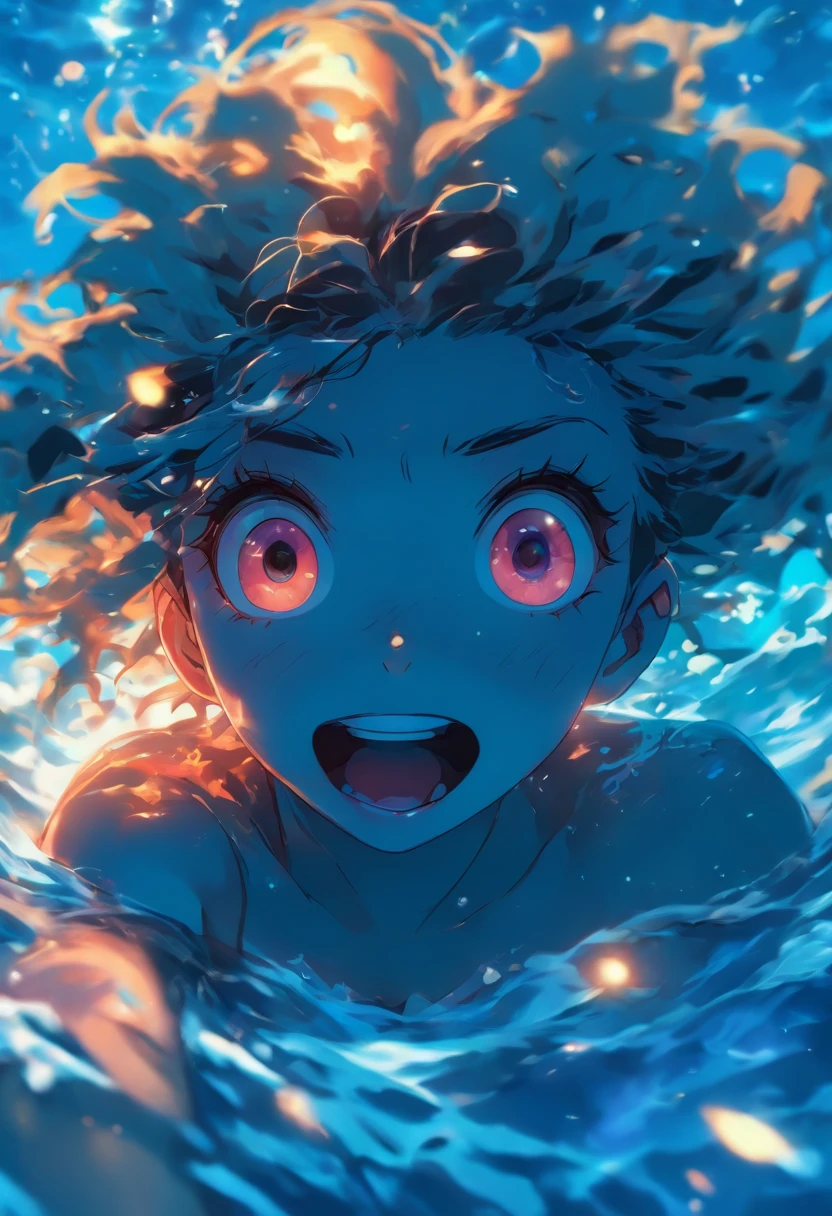 (ultra detalhes) (olhos detalhados) (sem desfoque) pele escura, mulher jovem, cabelos grisalhos, cabelos longos, messy hair, orelhas de lobo, cauda de lobo, olhos azuis, submerged in water, holding your breath, bikini blue