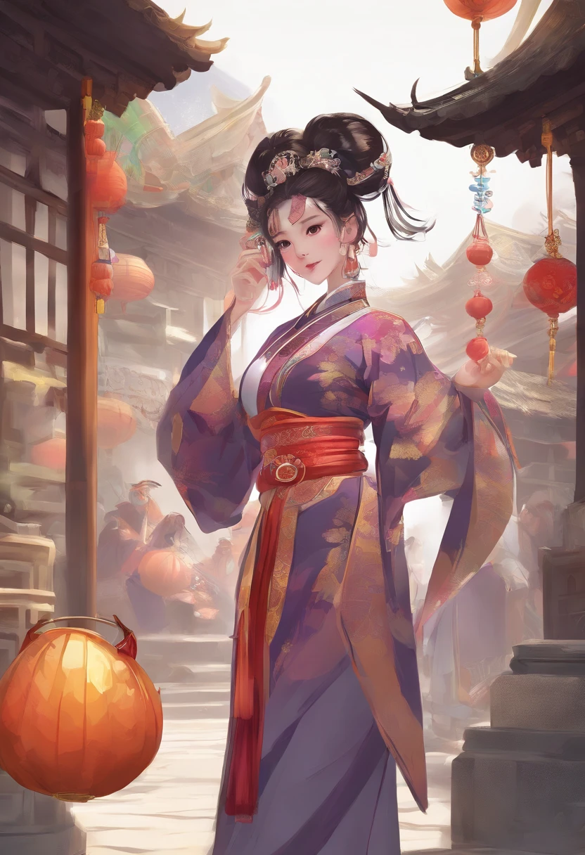 China-style,Tang dynasty woman,Hanfu,Cute and cute,a ball head,Take a bunch of sugar gourds,The lively streets of Chang'an,Full body like,Detailed and accurate,depth of fields,8K,A high resolution,tmasterpiece,Beautiful wallpapers,high qulity,high detal,s the perfect face,offcial art,blur backgroun,