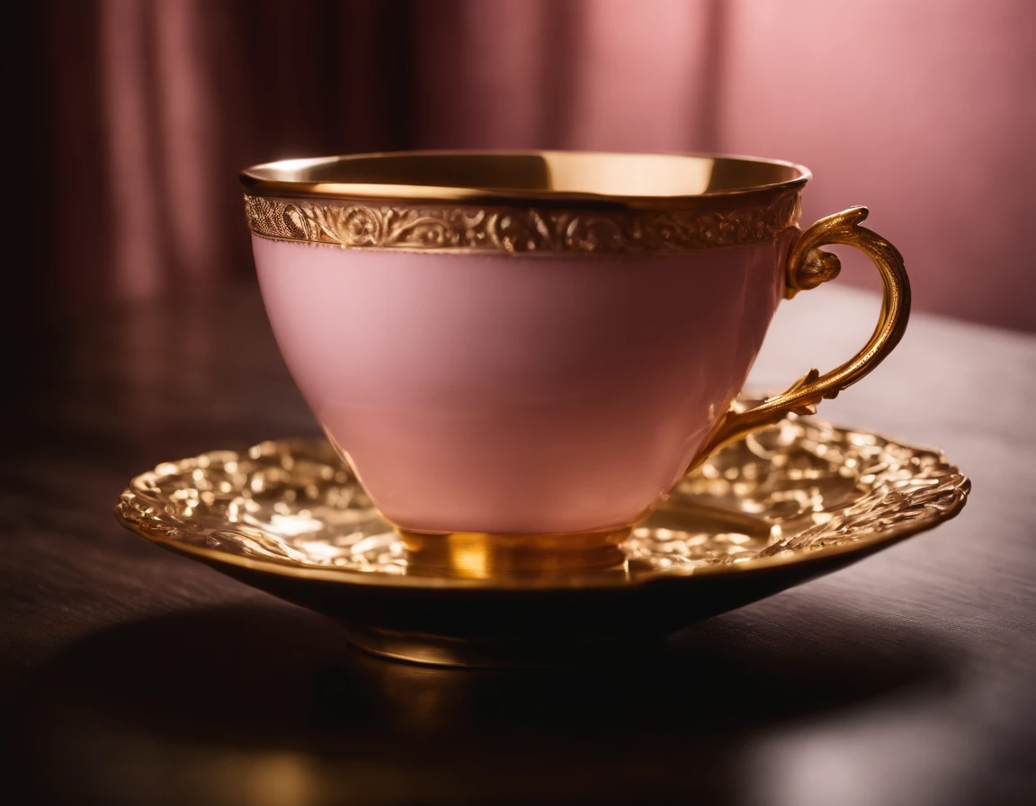 a delicate pink cup with golden details, side view