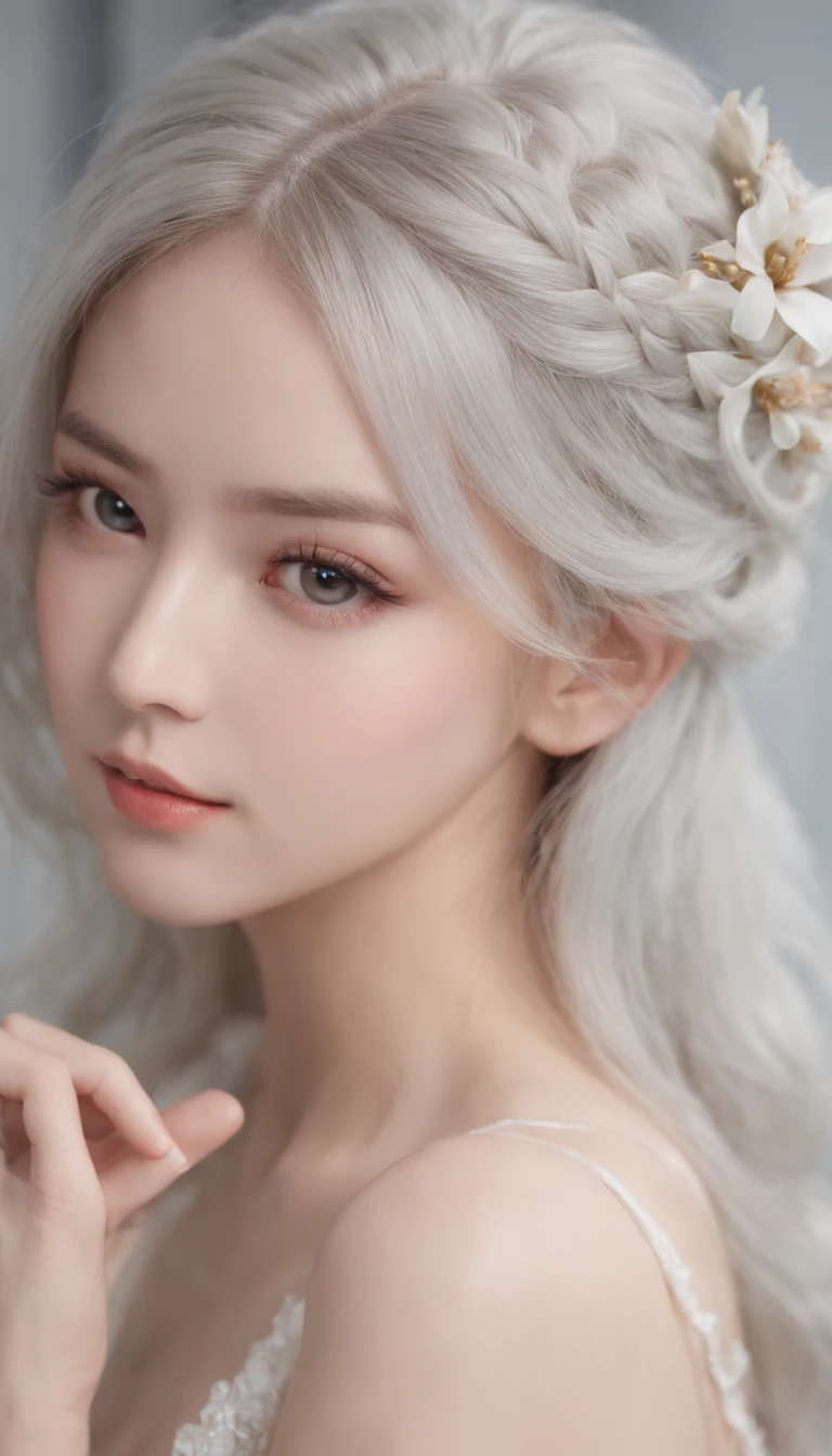 Shibuya、HATSUNEMIKU、(Ultra photo realsisim), (A illustration), (A high resolution), (8K), (highly detailed), (The best illustration), (Beautiful detailed eyes), (best qualityer), (Super detailed), (Master peace), (Wallpapers), (Detailed face), Solo、, 1 rapariga, Messy aristocratic attire、White hair, Iris heterochromatic eyes, small moles under eye, Medium chest, Long legs、Stunning composition、Braids、Beautiful and delicate legs