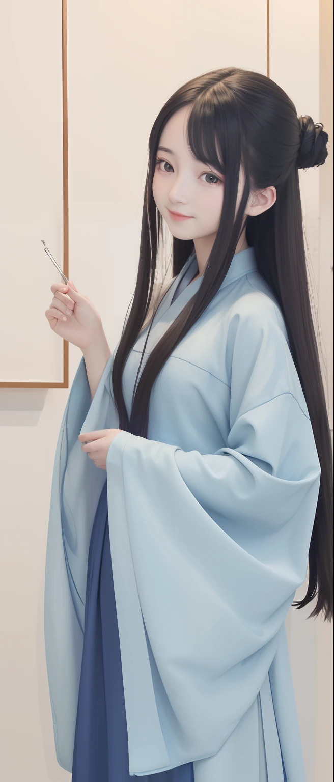 ((4k,masterpiece,best quality)), shuimobysim, Chinese painting, lotus, hanfu, maxiskit, dress conservatively 1girl, solo, long blue hair, smile, standing,