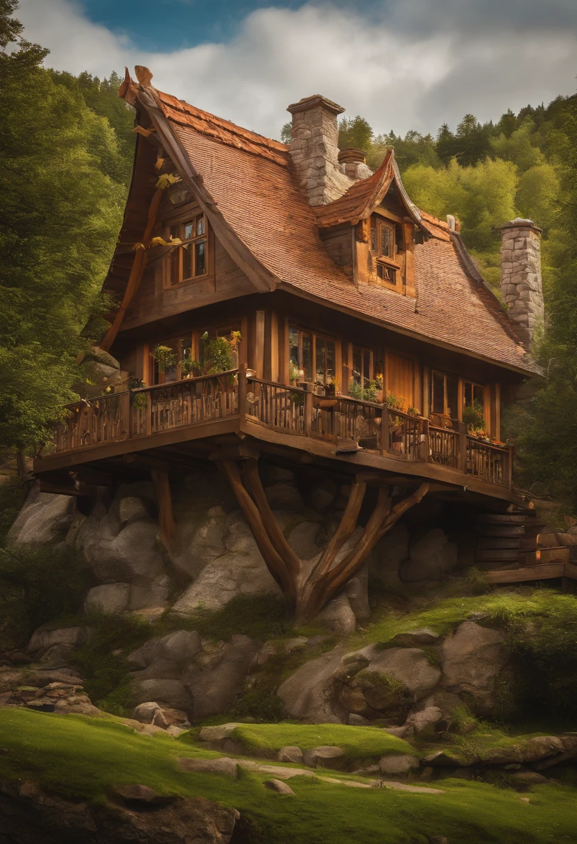 Equidistant house in the background, cosplay style, cartoony, DnD, fanciful, mobile game,Primitives,Animal bones,steins,The tree,Suspended in the air,Best quality at best,borgar,cartoony