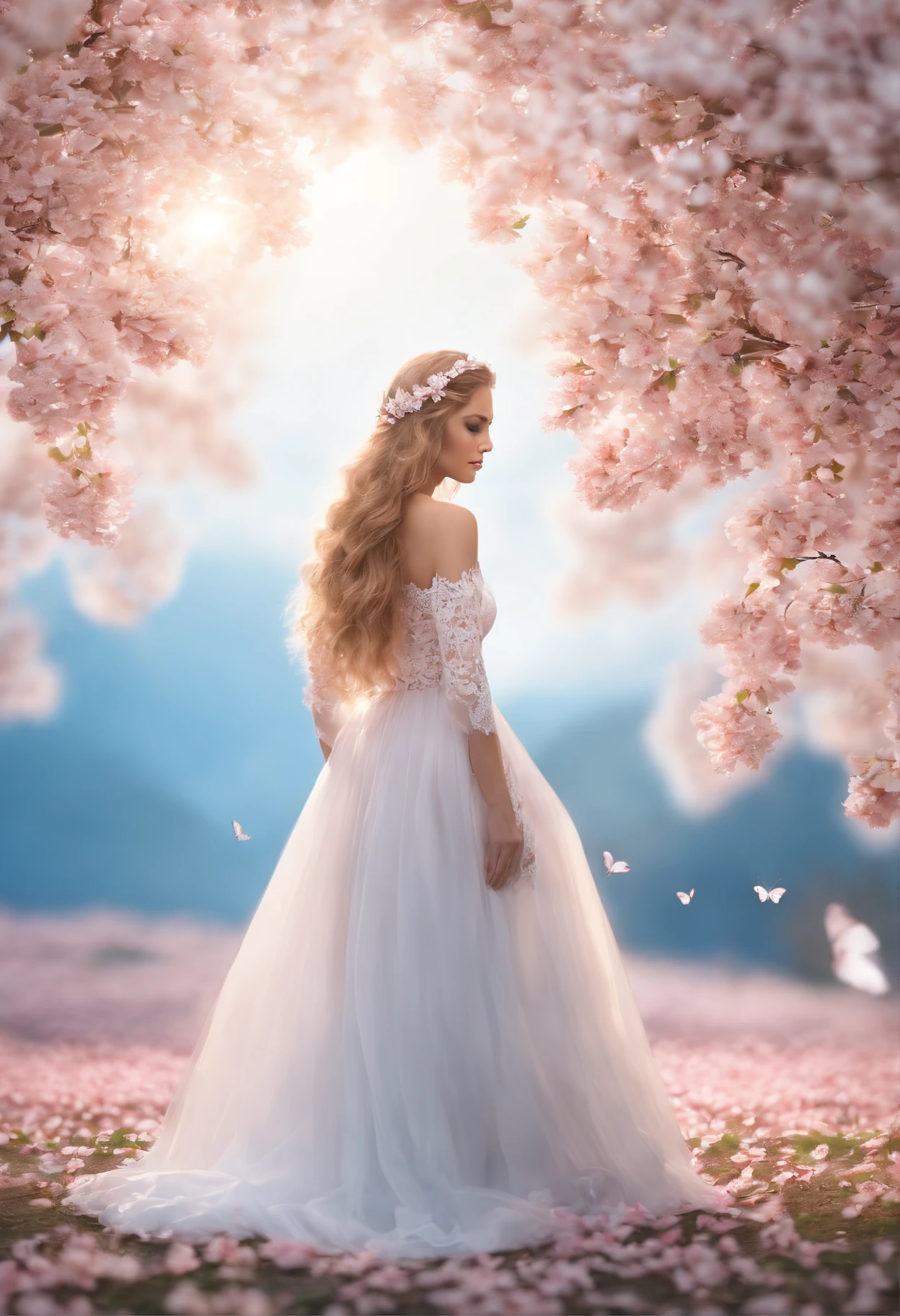 (Highly detailed CG Unity 8K wallpapers) (Better Quality) (better lighting) (extremely delicate and beautiful) (floating) (Beautiful) (spring atmosphere) (1girl in) (Long pink hair), (hair headband), (Detailed and beautiful blue eyes), ((Very short white dress, Pink lace underside), (Lace), ((Light Transparent Silk))), (Cherry blossom petals), (butterflys), (degrees of freedom), (Volumetric Lights) Cinematic lighting, chromatic abberation, Sony FE GM, Textured skin, high details, hight resolution, 8K