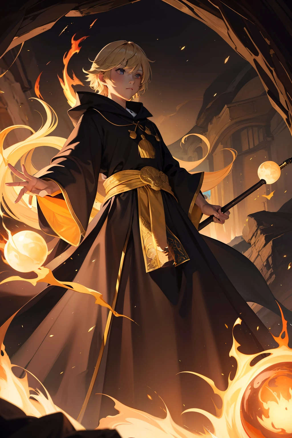 schoolboy,magestic,Take the staff,blond hairbl,Wears a black mage robe with gold decorations on top,In a cave,Fight dragons,balls of fire,wide angles