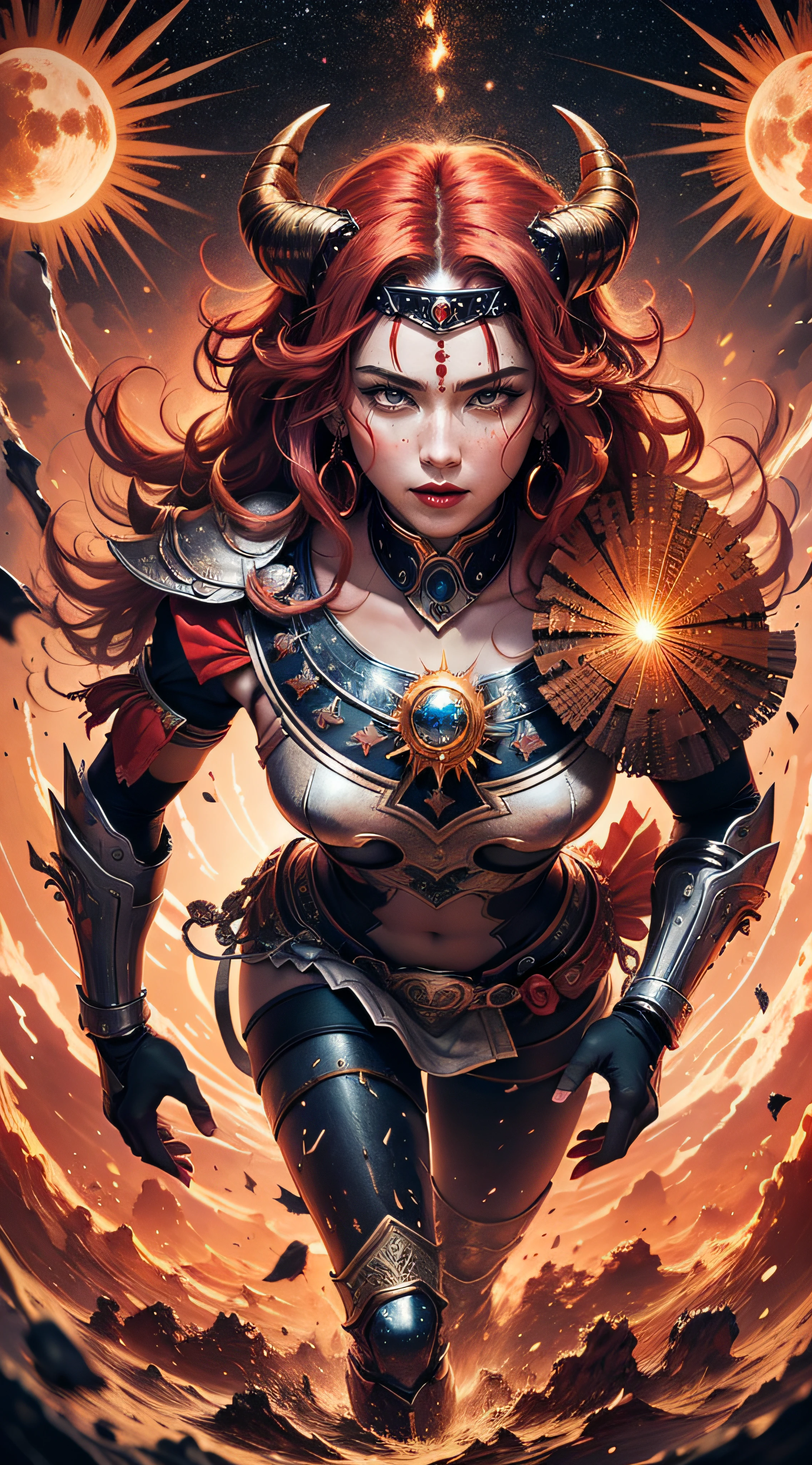 Aries Painting: The background of the painting is a vibrant red, symbolizing enthusiasm and dynamism. In the painting, a strong warrior is marching forward, symbolizing the bold and courageous nature of Aries. Stars and images of the sun are present to represent their passion and strength