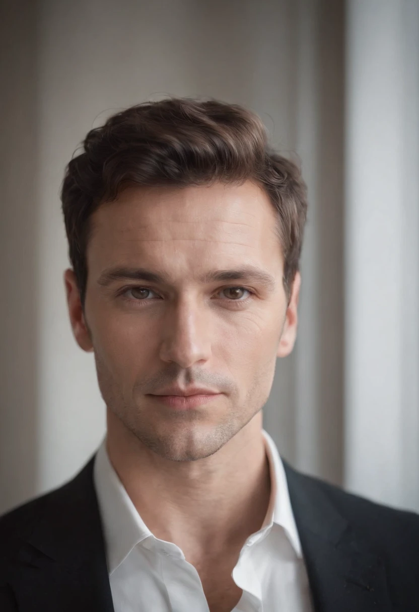 Cinematic photo, wide angle, of a handsom man, 40 years old, shaven , short curly brown hair, black tight suit, white fit shirt . Minimalistic background, clean composition, strong details, Muted Colours, Hasselblad --style raw