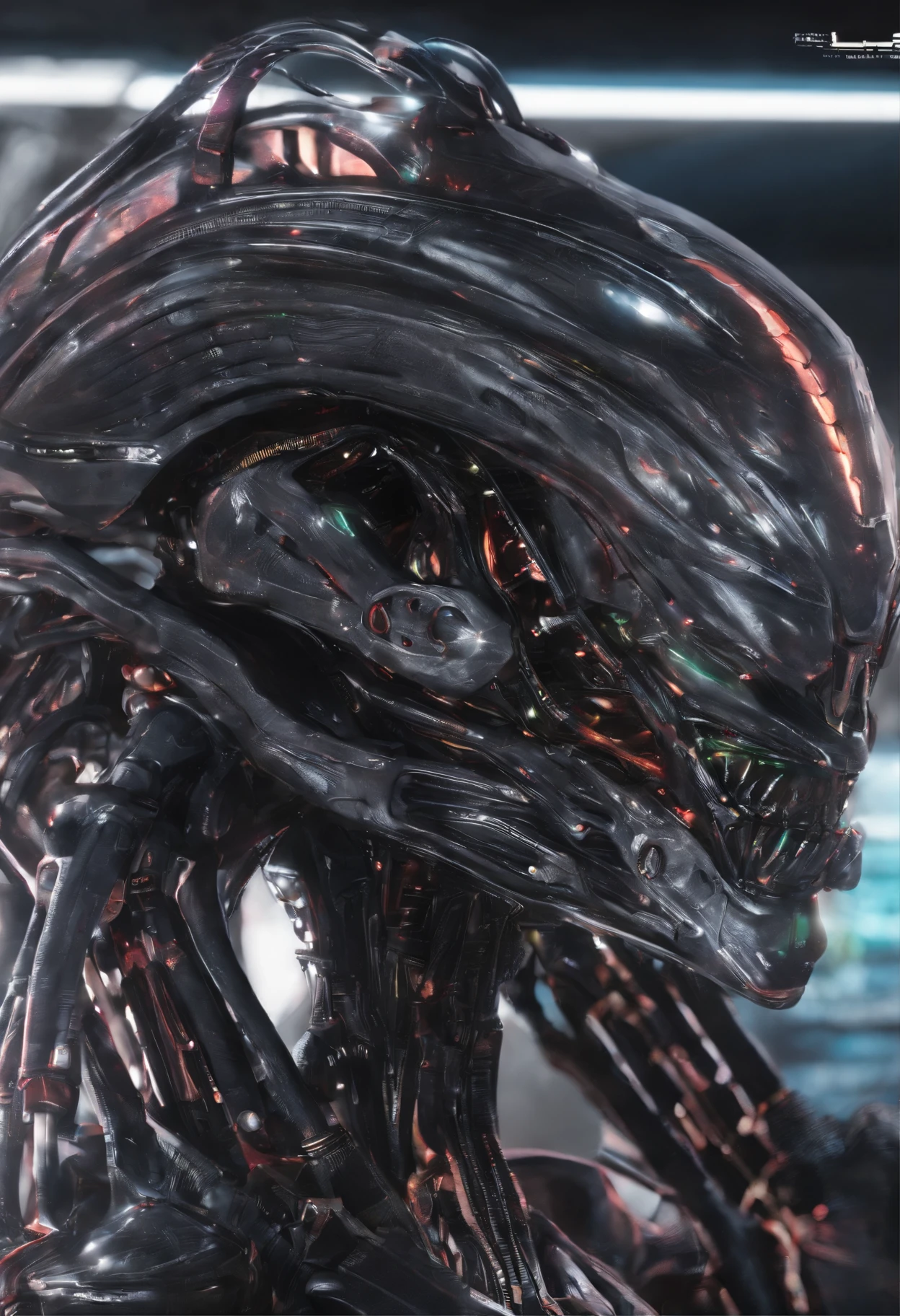 An alien，Humanoid，A mech coated with a ceramic glazed luster，Hard surface properties，streamlined line design，It has refined features in a sci-fi environment, glowing from within, Sparks and lights, best qualtiy，tmasterpiece，Photorealsitic, Highly detailed, iintricate，unreal 5 render，