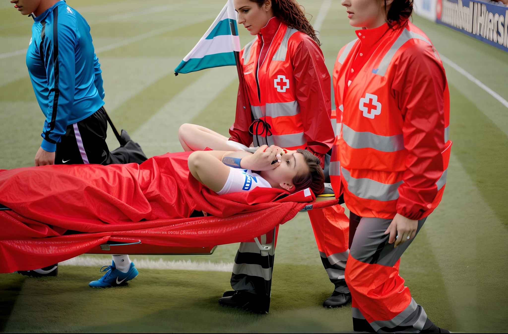 There are two madeup women I shiny and wetlook outfits carrying a stretcher on a sports ground, there is a slightly bearded and attractive young male sportsman lying injured on a stretcher with a very painful expression, there is a sportsman lying on his back on a stretcher and covers his painful looking face with his hands, there are women in wetlook laquered outerwear carrying a man on a stretcher in a sports stadium, there is a man on a stretcher being carried by two very madeup women, there is a bearded soccer-player lying on a stretcher, there is a soccer-player on a stretcher with his hands over his face, a soccer-player is lying on a stretcher and has put his hands over his face, soccer, football, eros, erotic, sex scene, erotic pose, women with erotic face expressions, women with orgasmic moaning faces, women moaning with sexual pleasure, injured, very professional, very sad, 2717433015, 3 4 5 3 1, 555400831, viral photo, photo shot, interesting composition, adventure playground accident