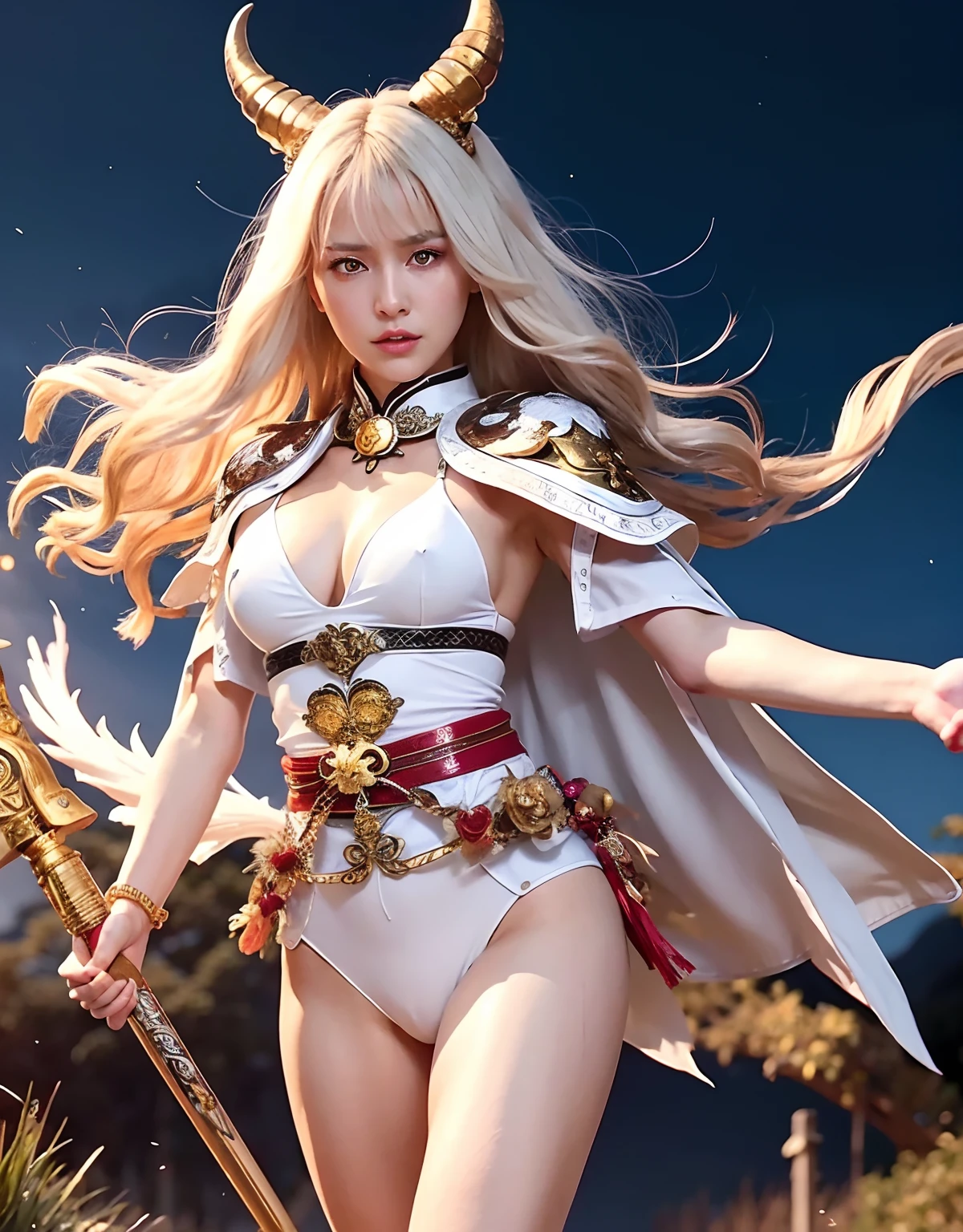 Professional , ​masterpiece、top-quality、photos realistic , depth of fields 、（White bikini armor)、（Mystical expression）、（（Fight dragons））,(Wear a beautiful kimono),（Wear a beautiful kimono with colorful floral patterns）、Jewel Gold Weapon、Particles of light),Gorgeous gold weapons ,（（ Gorgeous Dragon Sword）） , （Hold the Devil's Hand）,,（maikurobikini） 、（（White hair））、（Castle background）、（demonic wings）、（（Gangle's forest background））、Beautiful Caucasian beauty、１a person、dynamic ungle,(((Two devil's horns on the head)))、Smaller head、Idle Smile、Thin and beautiful female hands、Mystical expression、Light Effects、intense fighting、Wind-effect、magic circles、With the legendary magic wand、Dragon's tail、