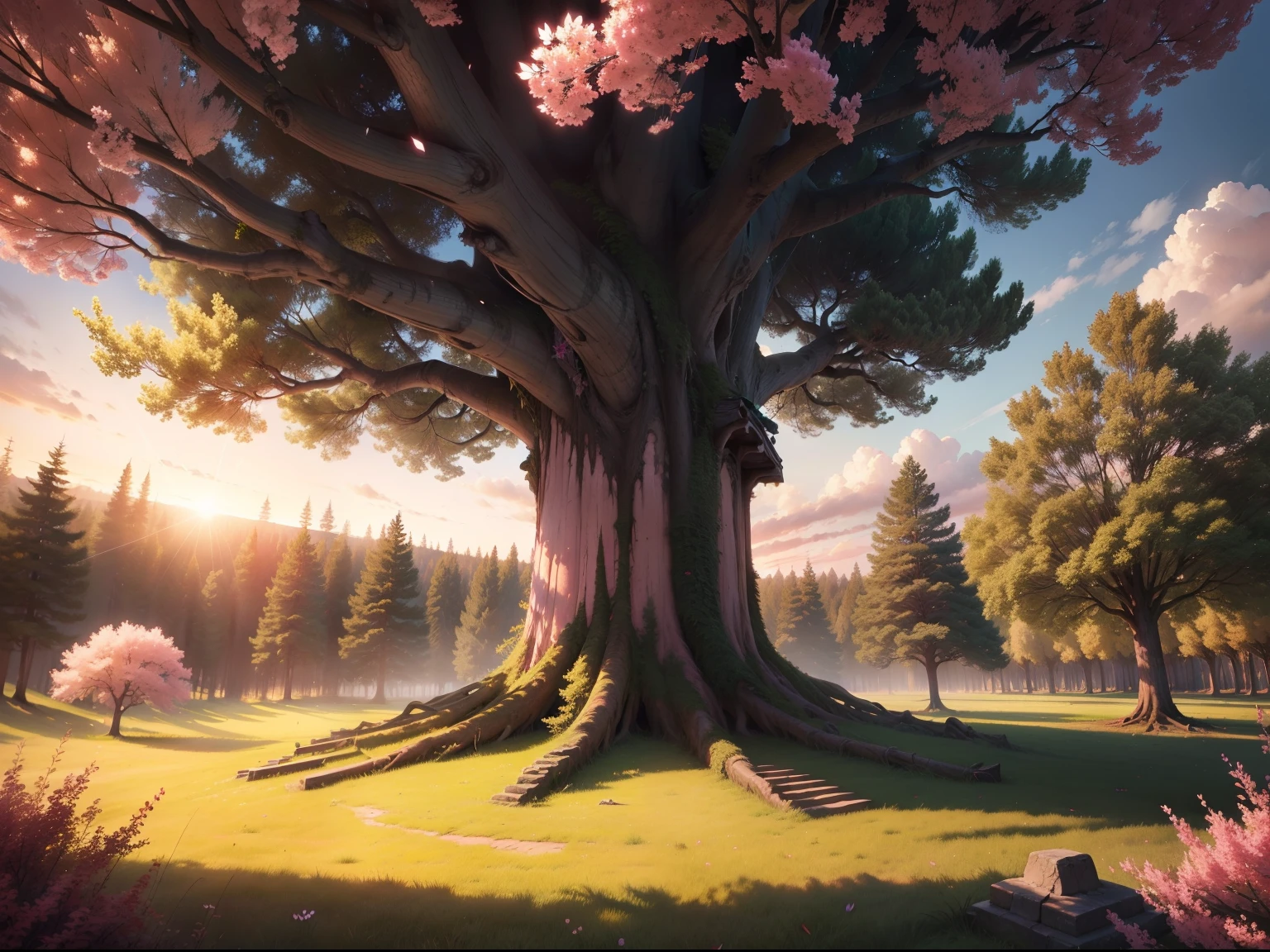tmasterpiece,best qualtiy,(Very detailed CG unit 8K wallpaper)(best qualtiy),(Most Best Illustration),(Best shadow),(realisticlying),(Realiy),Towering trees,The trunk is thick,old,There are small fences and small altars under the trees,Ancient decorations hang from the trunks,The tree has pink flowers,Pink petals are falling,the setting sun,grassy fields,The camera looks up from under the tree,On a cliff,large tall,Fill the shot,Ancient,epic sense,SENSE OF CINEMA,