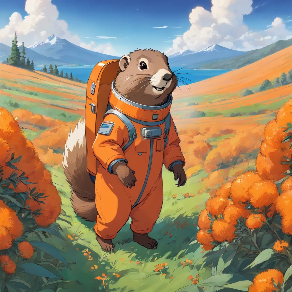 A marmot in an orange spacesuit stands in a sea buckthorn field，looking at the distance，With a smile，Orange spacesuit，Faraway view