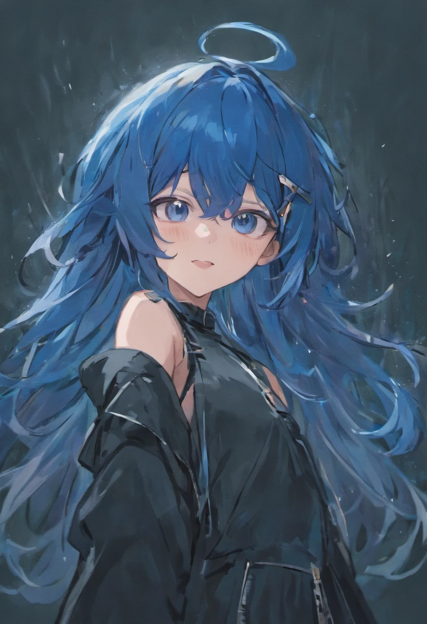 Blue hair, Asymmetrical hair, Expressive hair, Hair over eyes, goggles, black hair band, Moles under eyes, grin,Seductive smile, romanticism lain, Anime style, character sheets, reference sheet, lineup, hyper HD