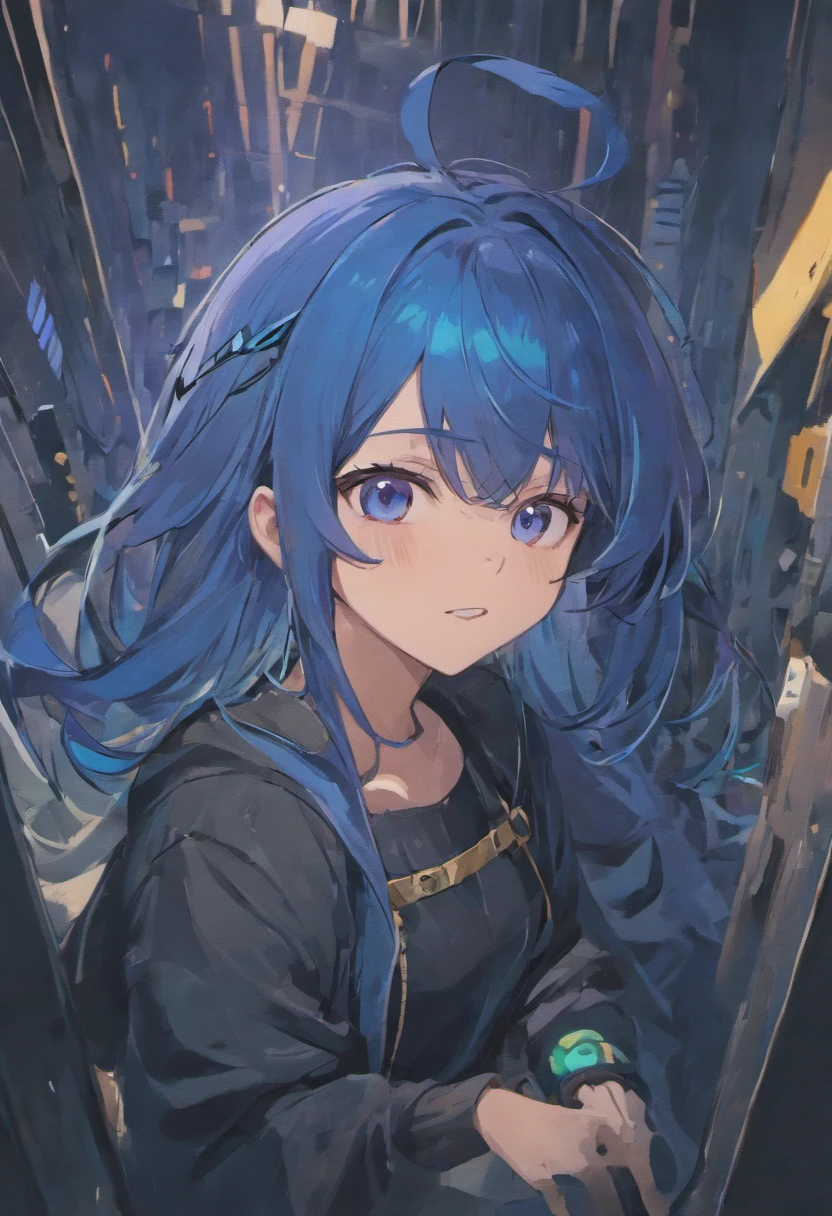 Blue hair, Asymmetrical hair, Expressive hair, Hair over eyes, goggles, black hair band, Moles under eyes, grin,Seductive smile, romanticism lain, Anime style, character sheets, reference sheet, lineup, hyper HD